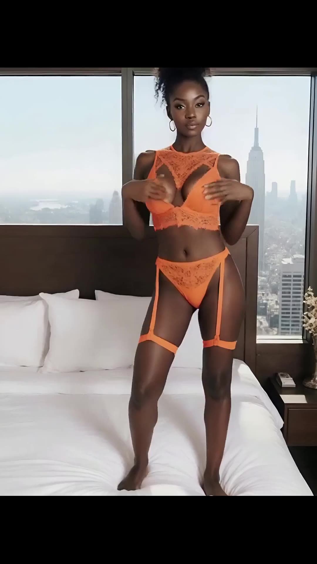 Curly updo brunette in orange lace lingerie on bed