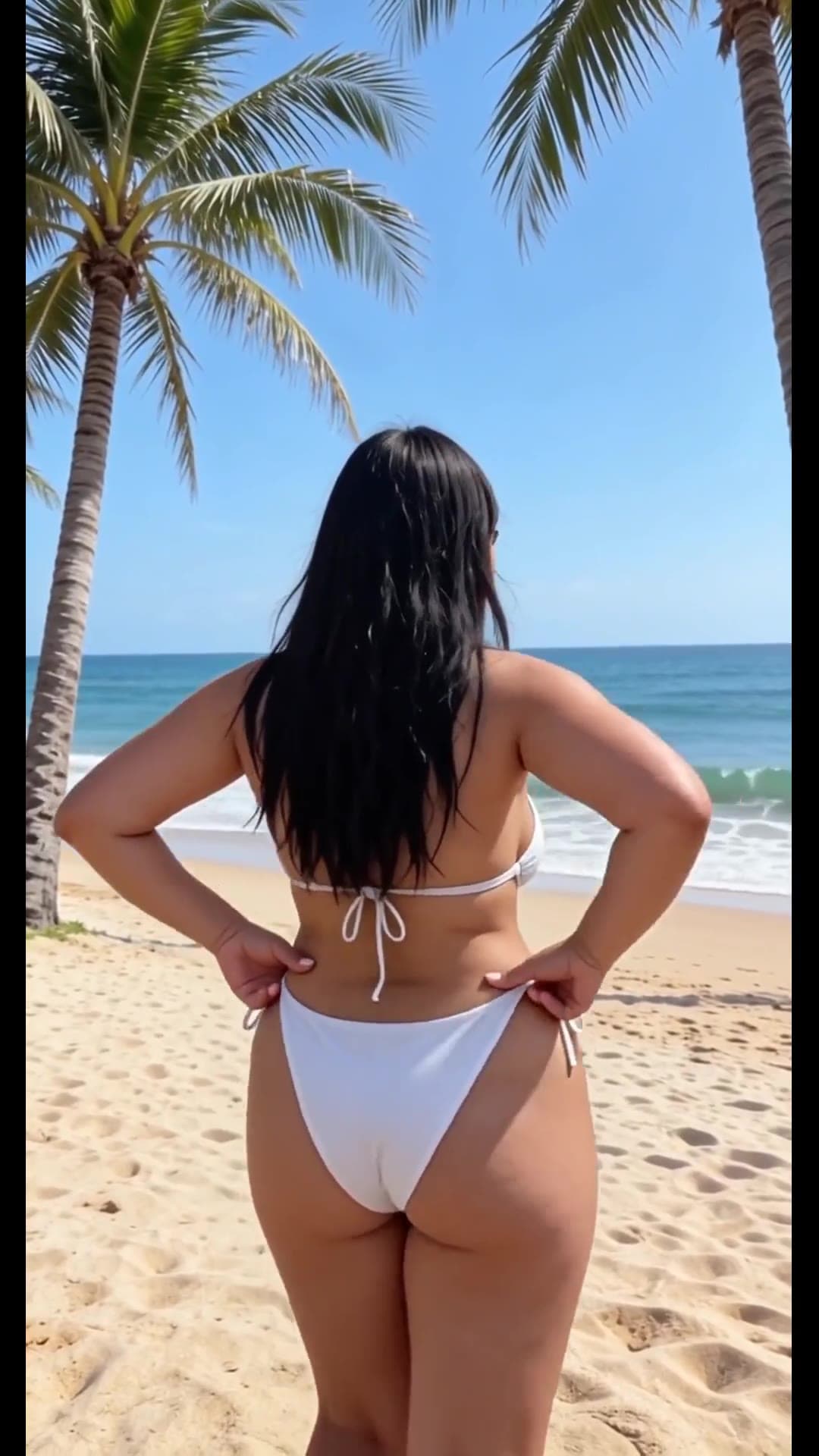 Beach bikini back view, round ass in white strings