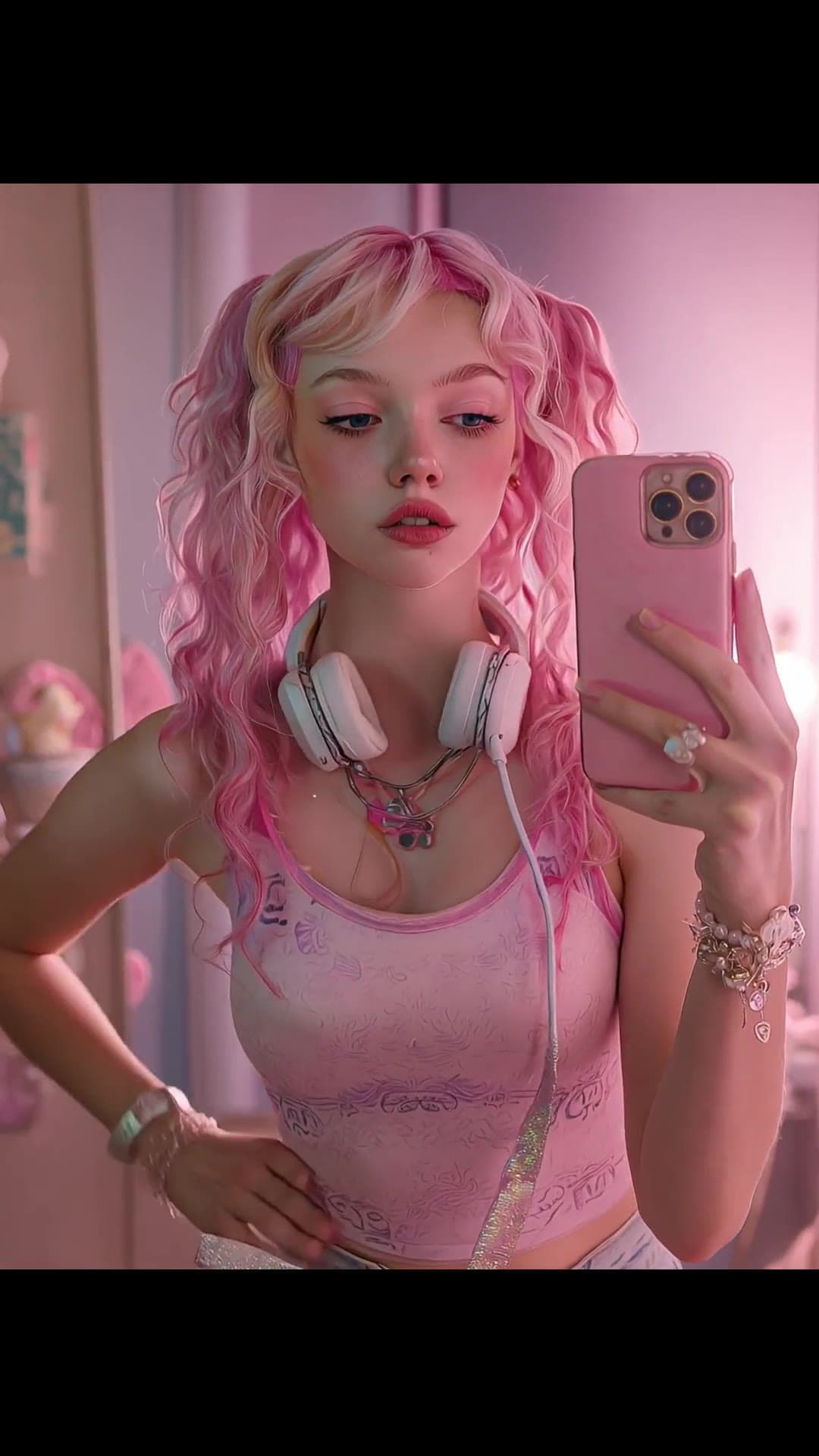Pink pigtails selfie in bedroom with cleavage