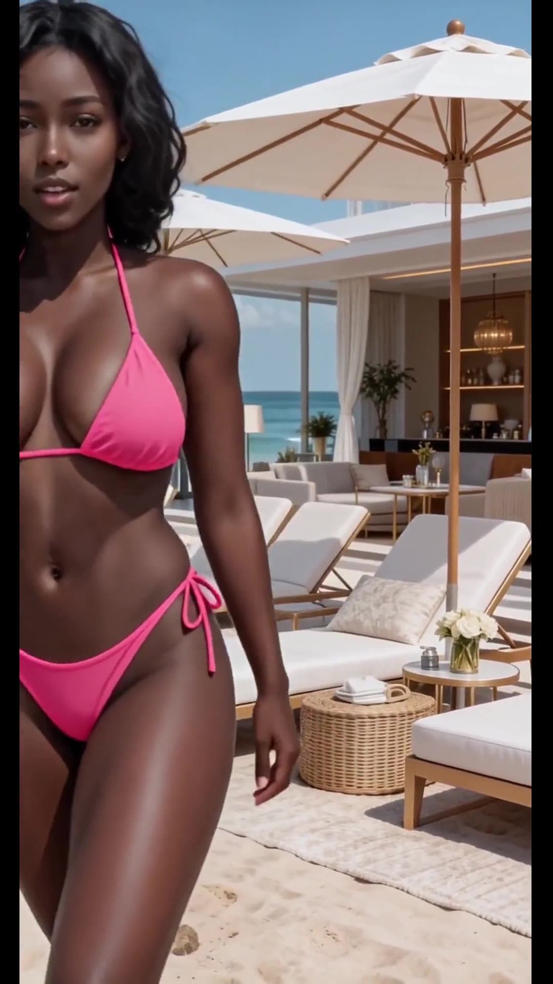 Long wavy hair hazel eyes pink bikini beach