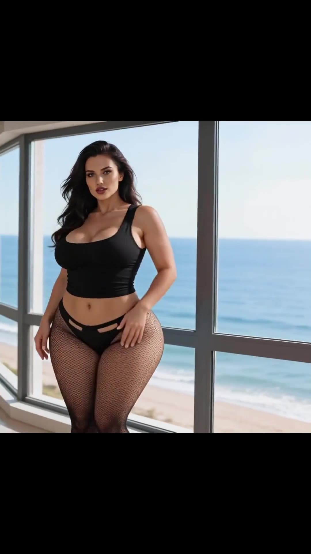 Curvy brunette in fishnets by ocean windows
