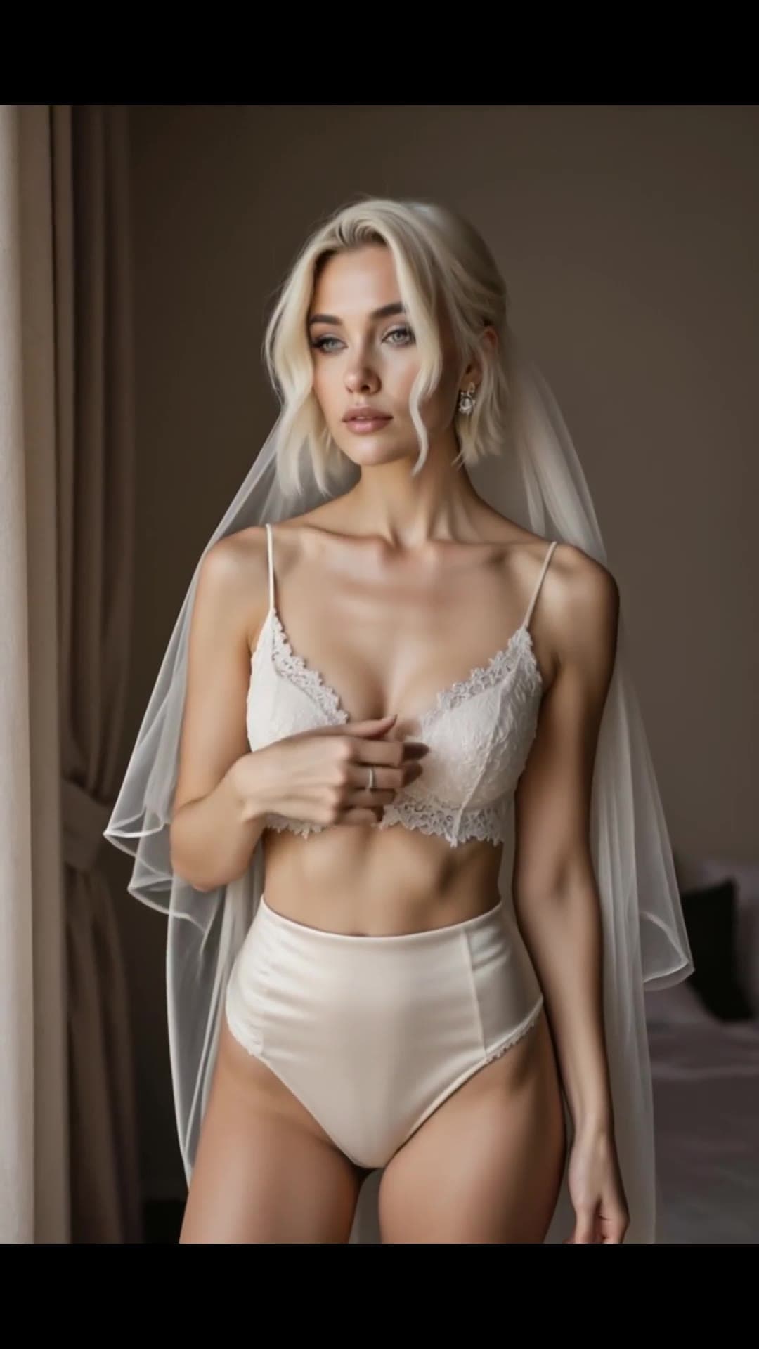 Sheer veil and white lace in quiet bedroom