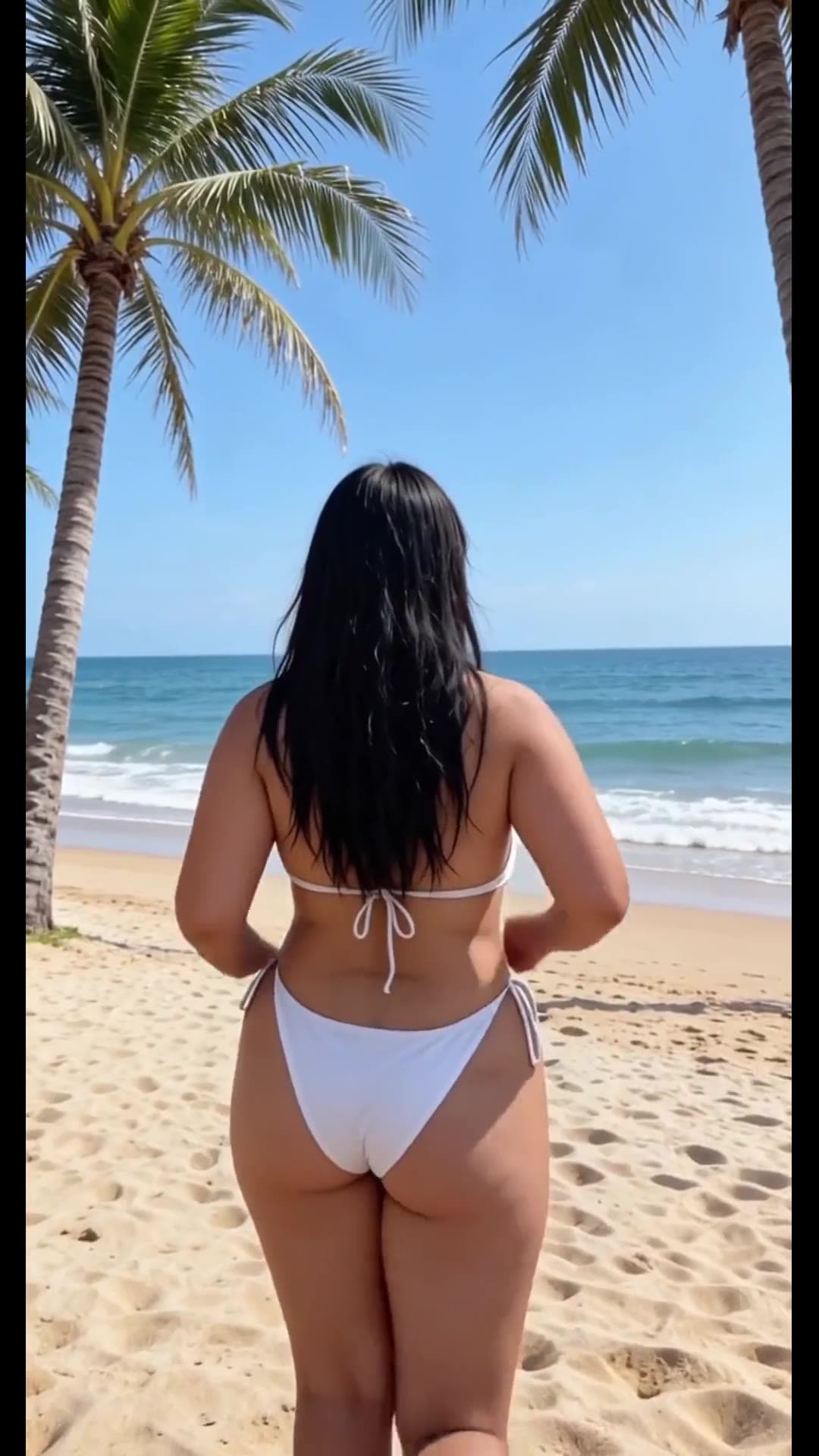 From behind view curvy latina in white bikini on beach