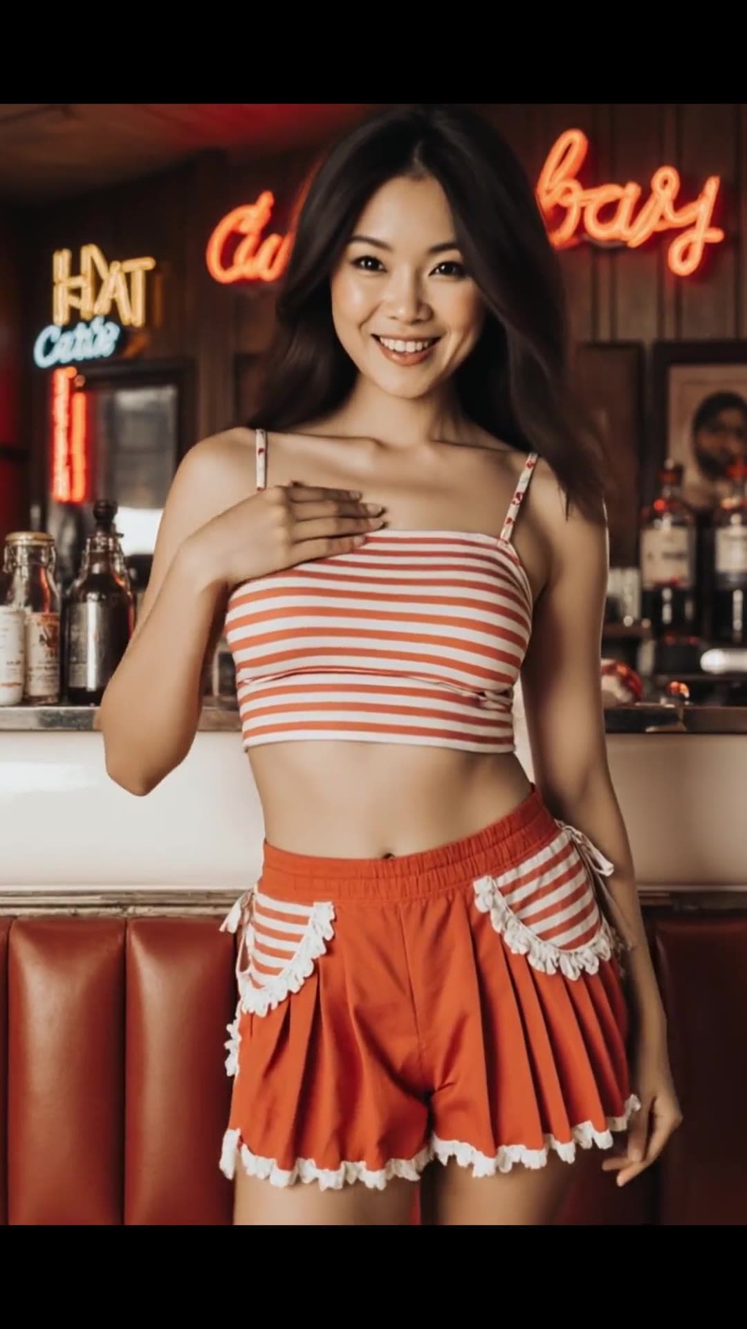 Curvy brunette in striped crop top at retro bar