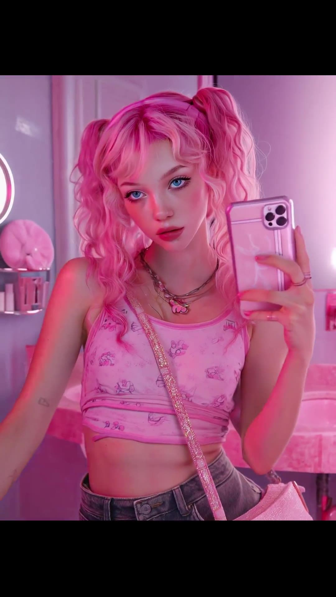 Mirror selfie pink pigtails in bathroom
