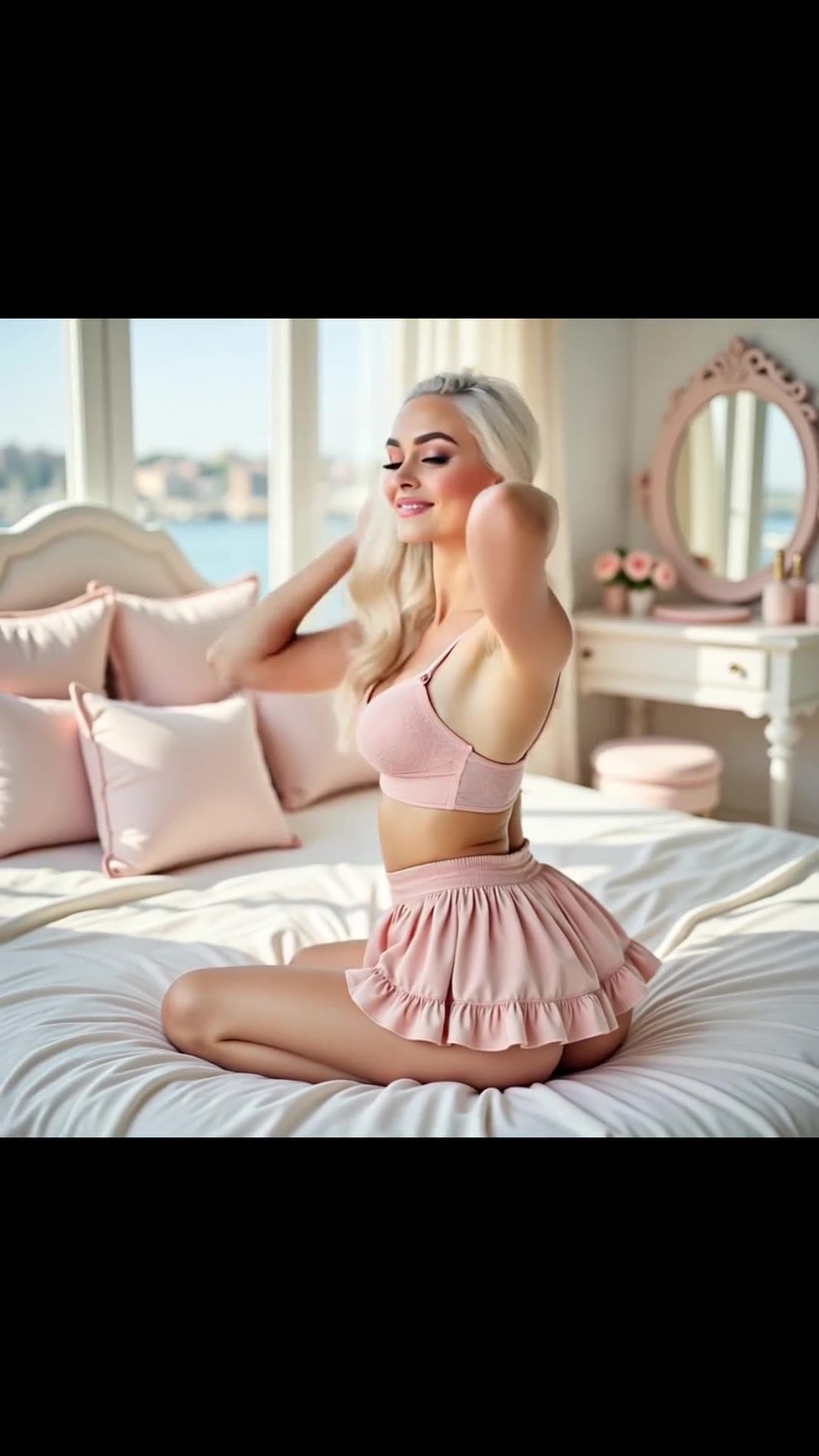 Side view blonde in pink lace on bed