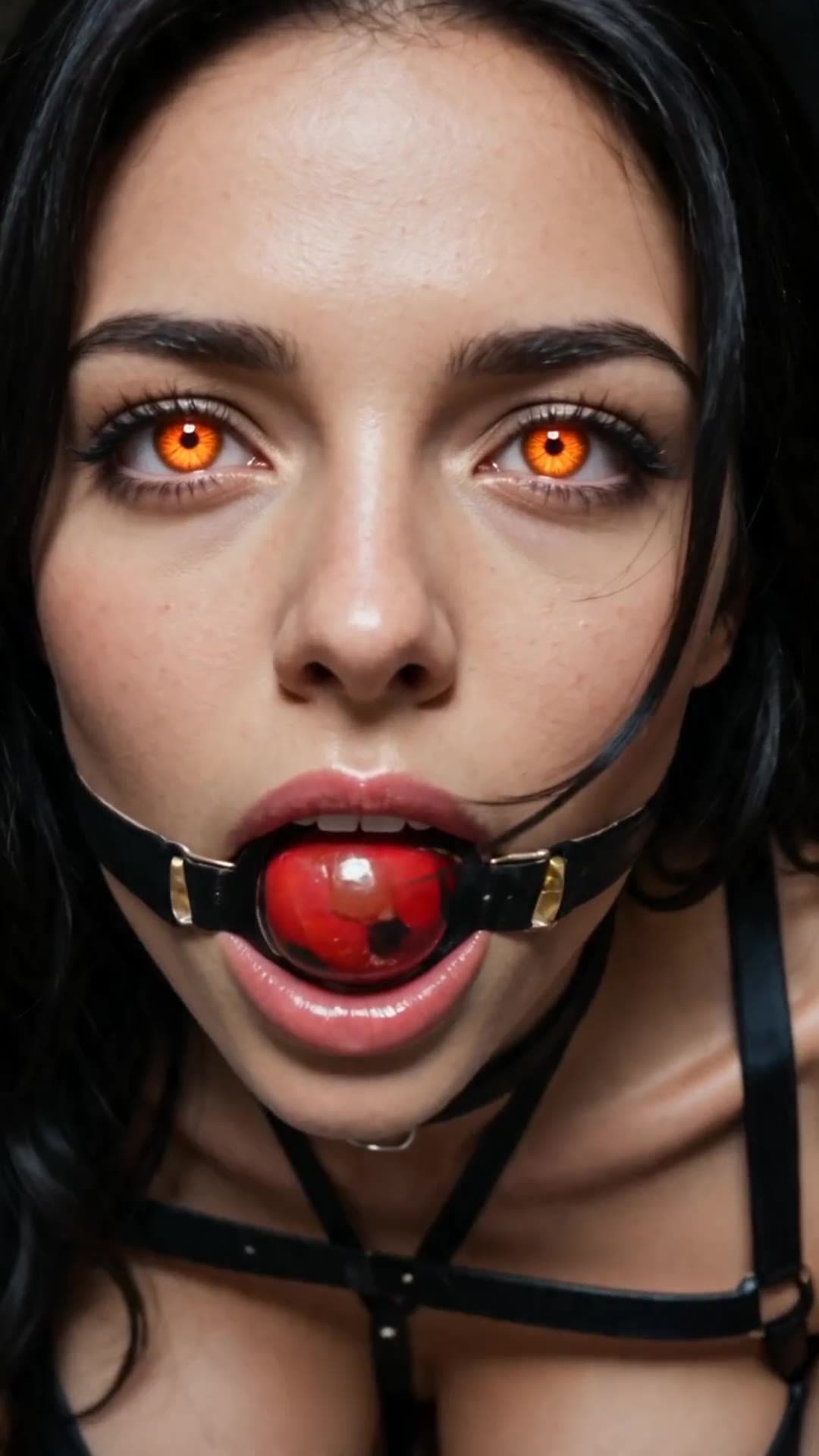 Raven haired beauty with orange eyes in O-ring gag