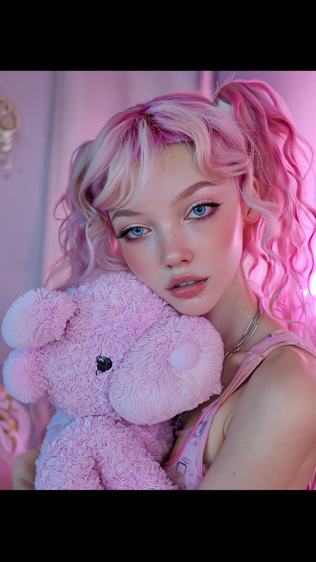 Pink pigtails blue eyes cleavage selfie in bedroom