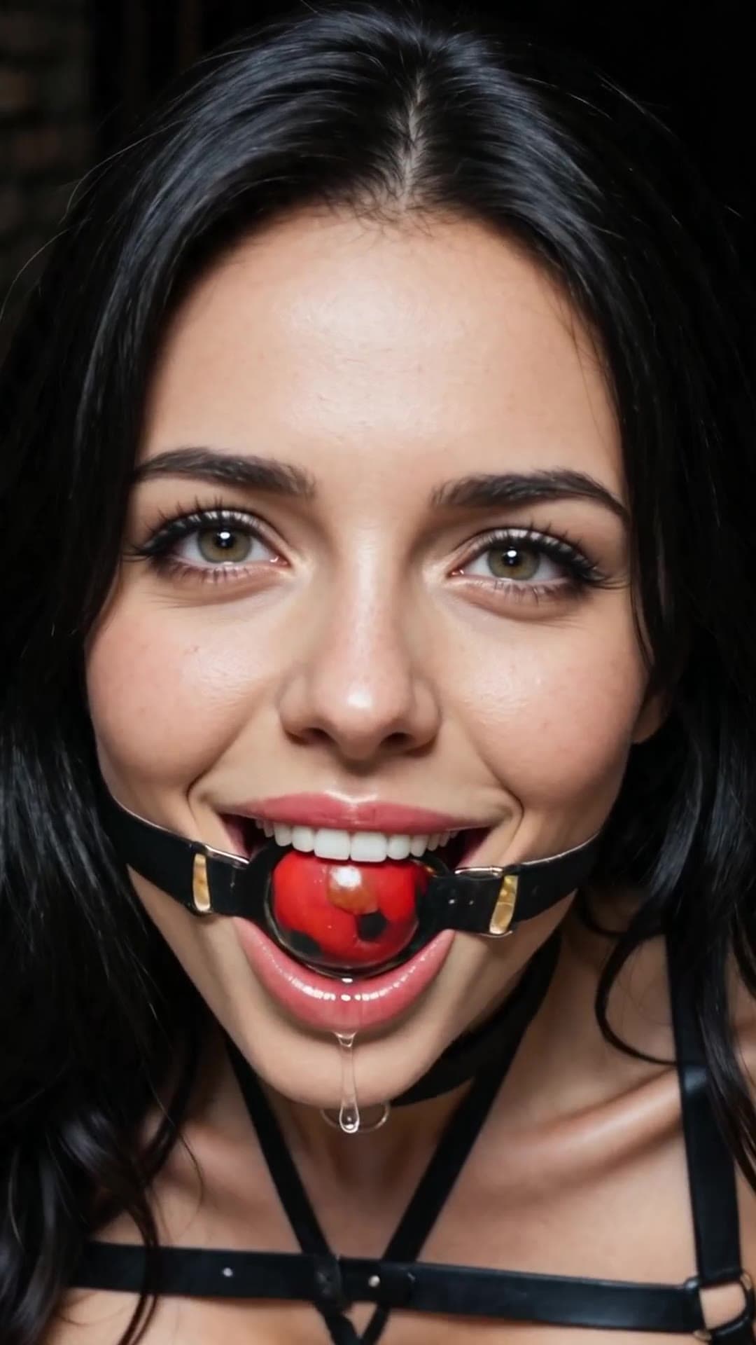 POV ball gag drool close-up with harness