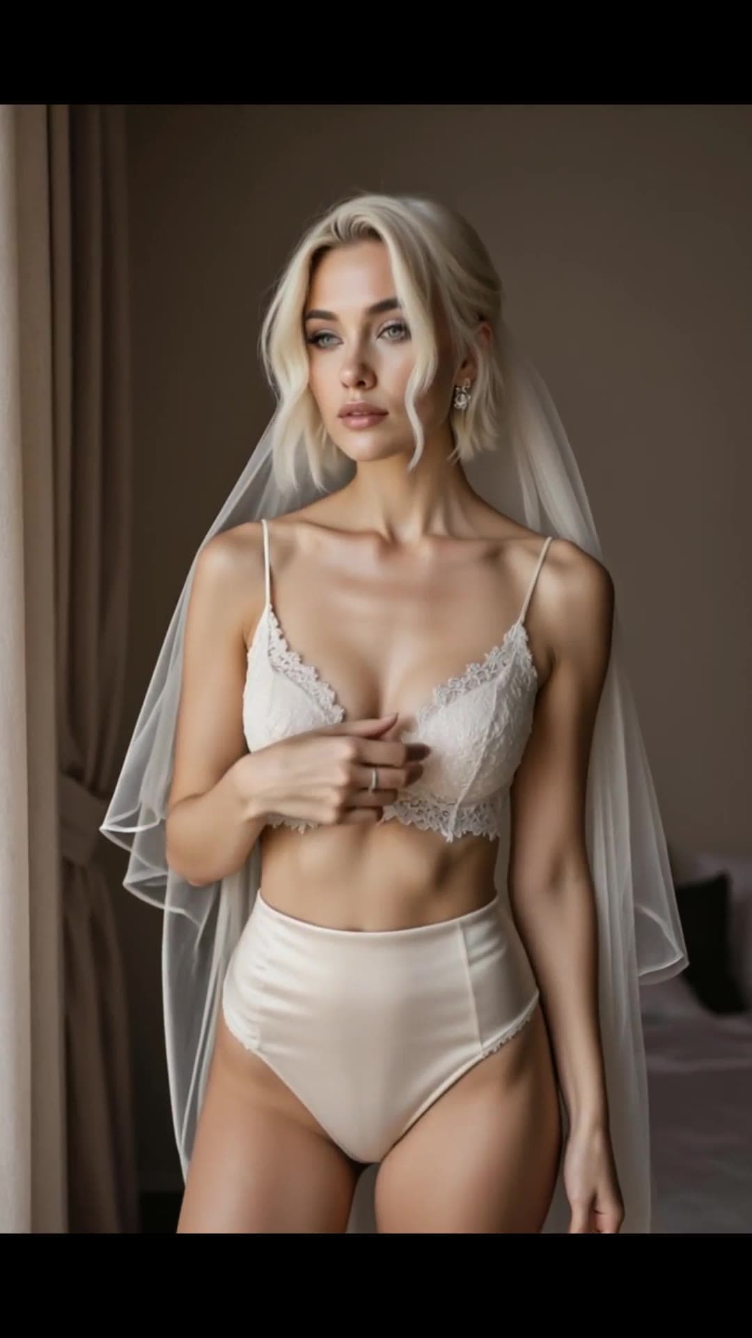 Platinum blonde in sheer veil touches lace bra