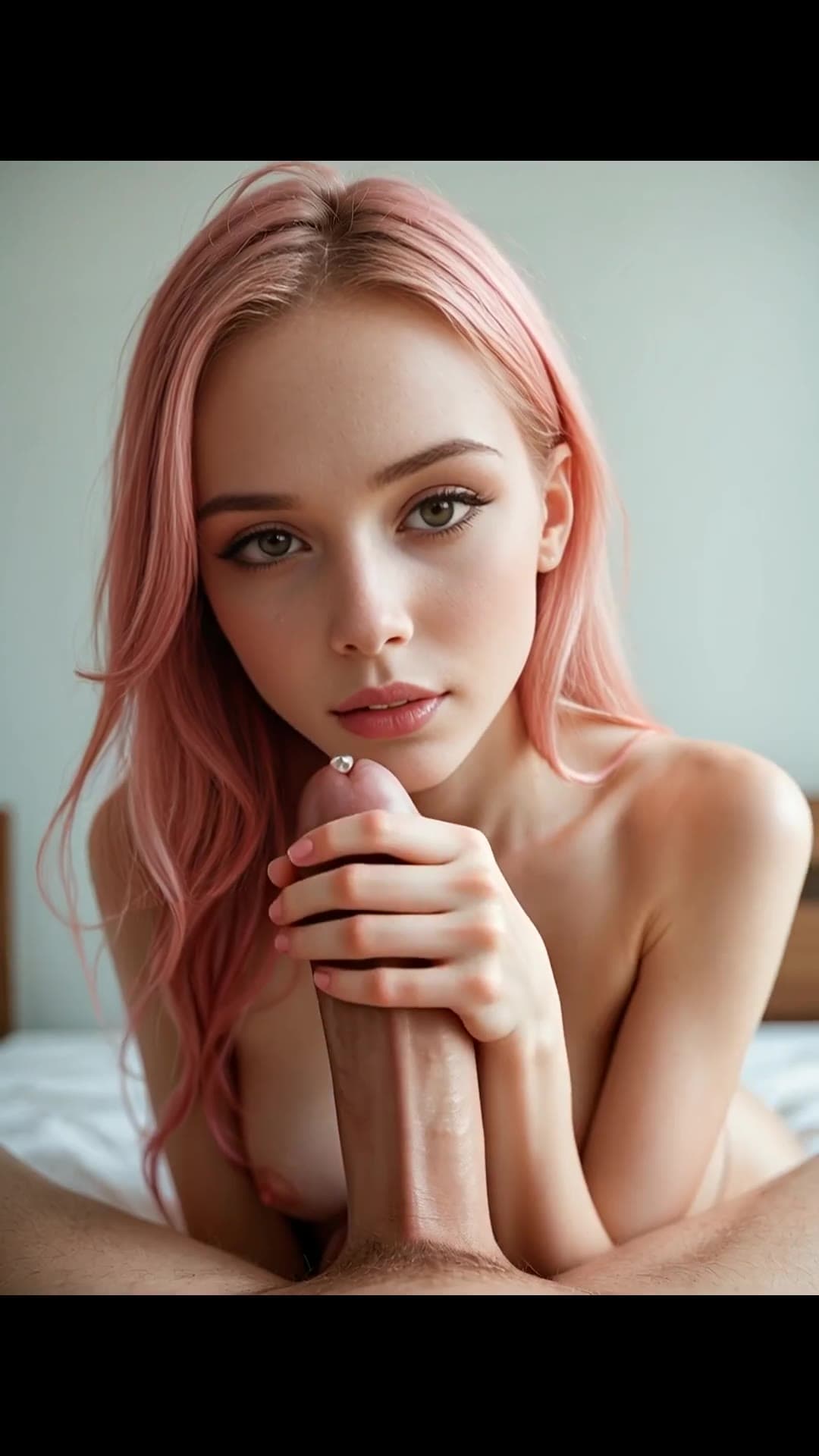 Pink haired babe stroking cock POV on bed