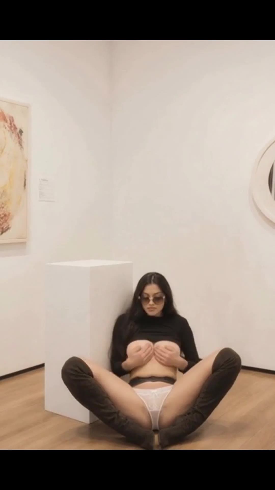 Legs spread gallery floor, big tits squeezed