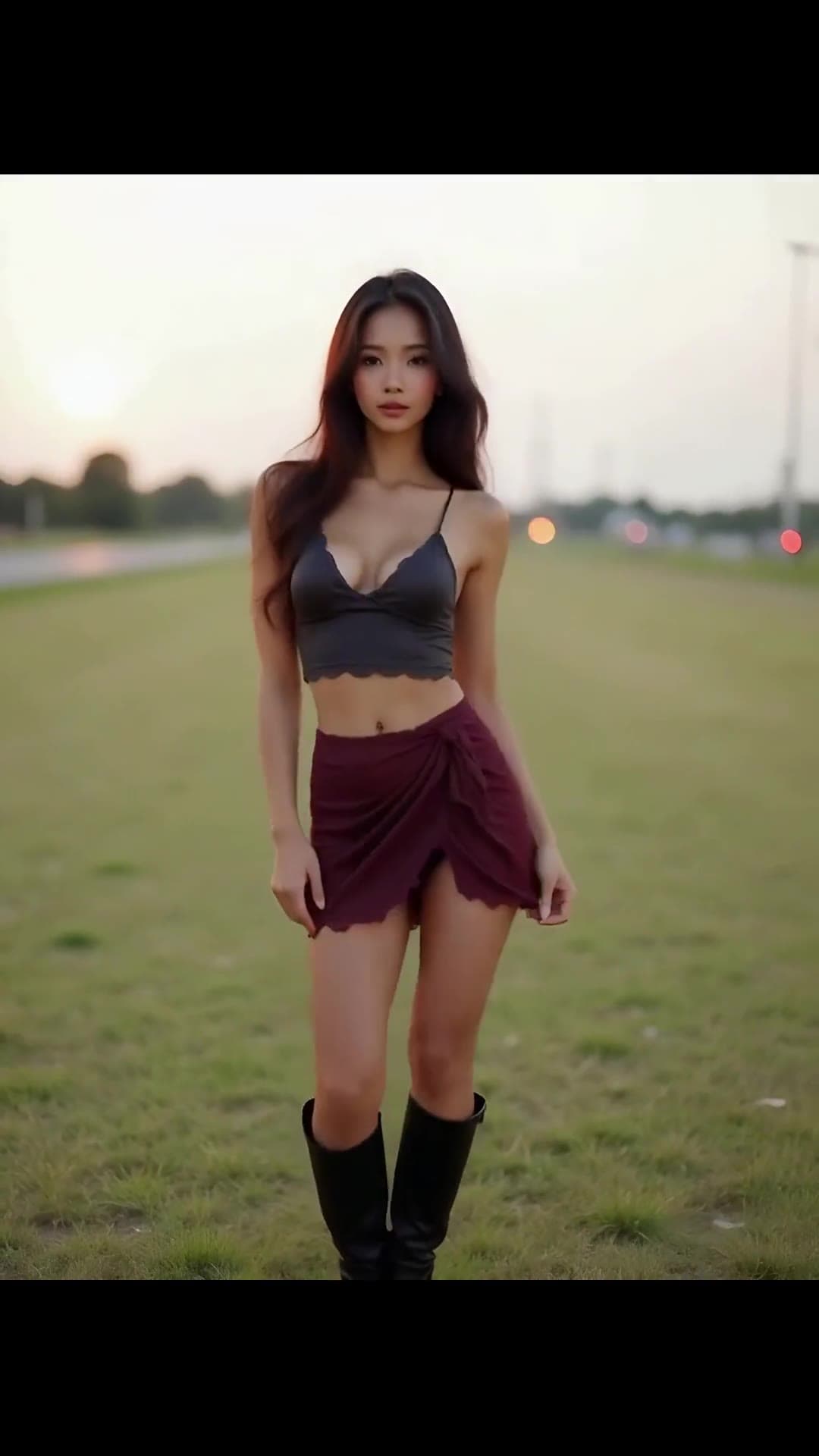 Brunette in crop top and skirt at grassy field sunset