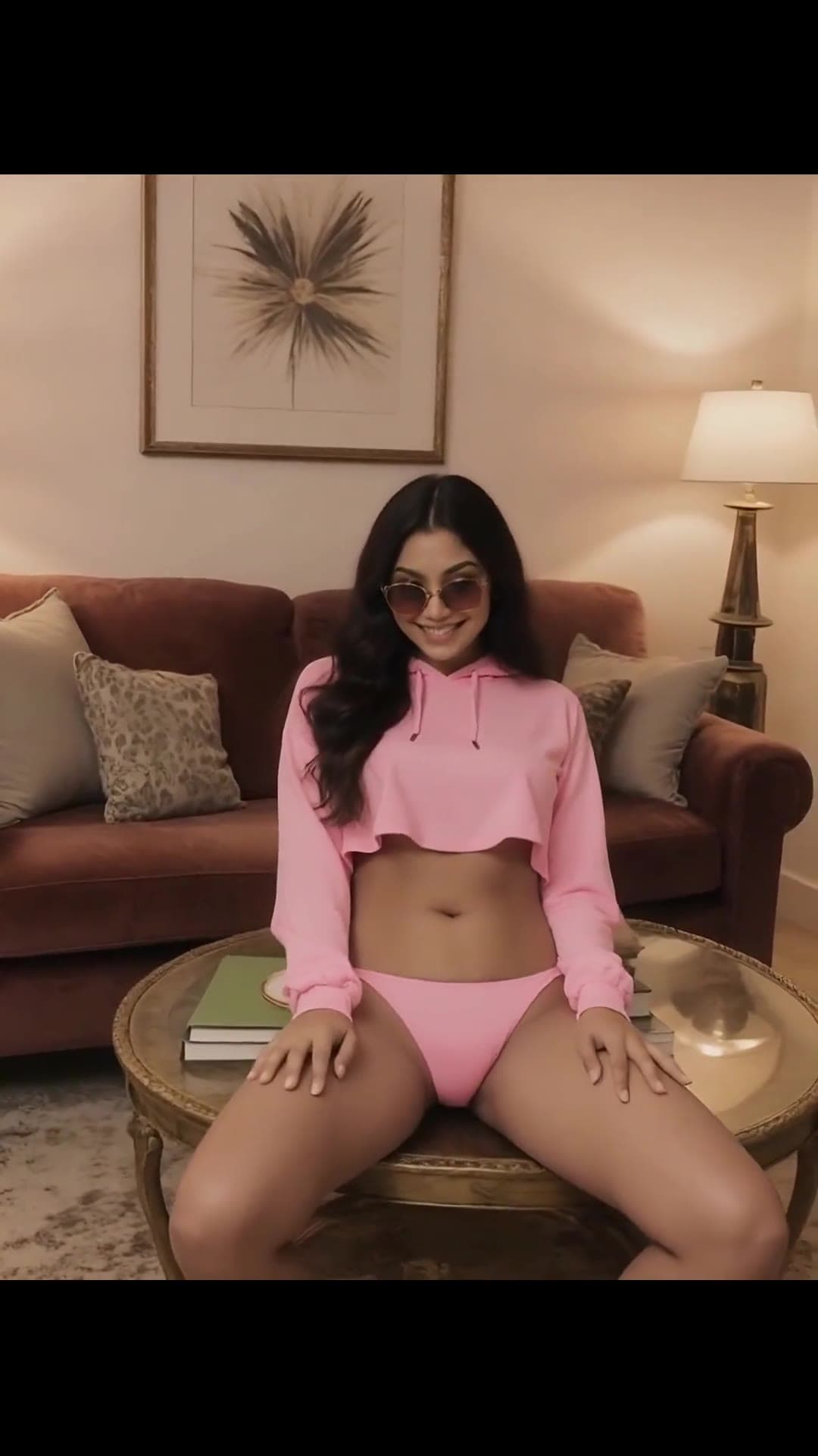 Raven hair brown eyes in pink hoodie and bikini