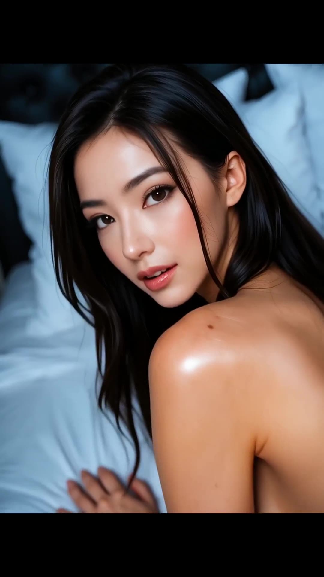 Young adult topless bedroom close up over shoulder