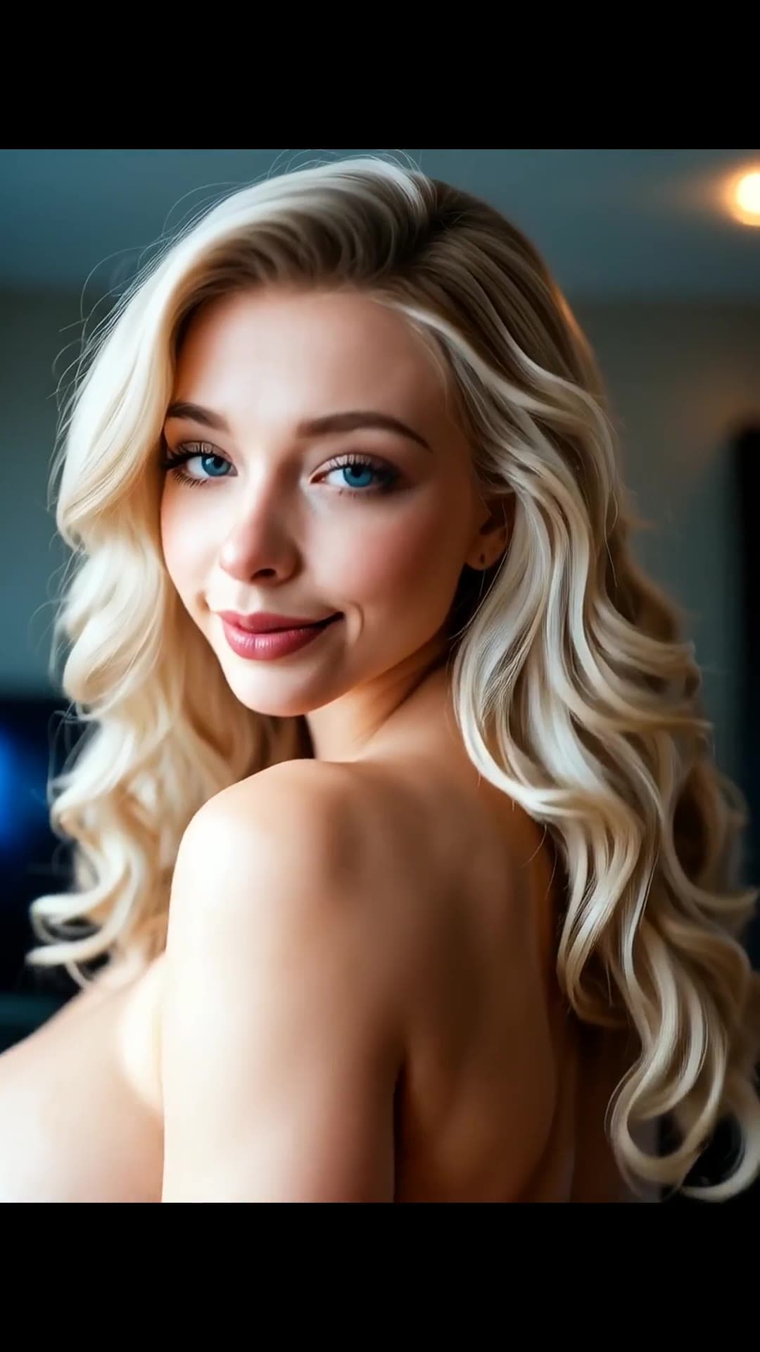 Young adult blonde topless over shoulder glance
