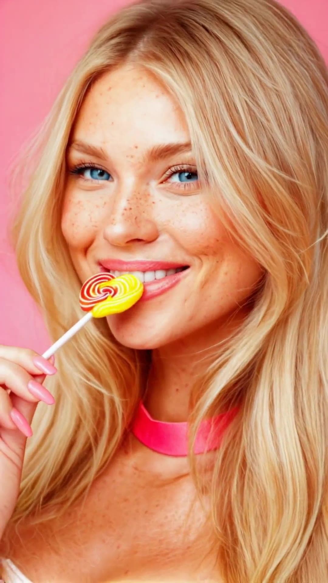 Close-up selfie with pink lollipop and choker