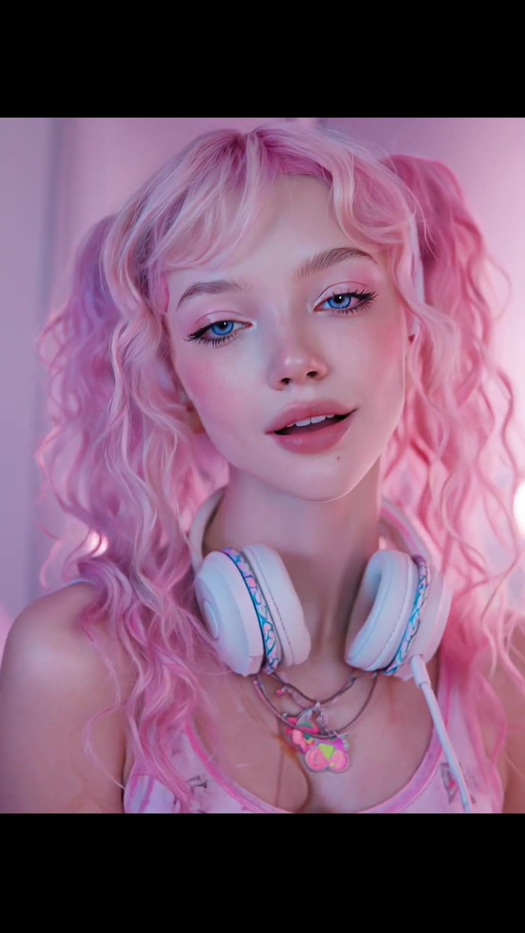 Pink pigtails blue eyes close up selfie