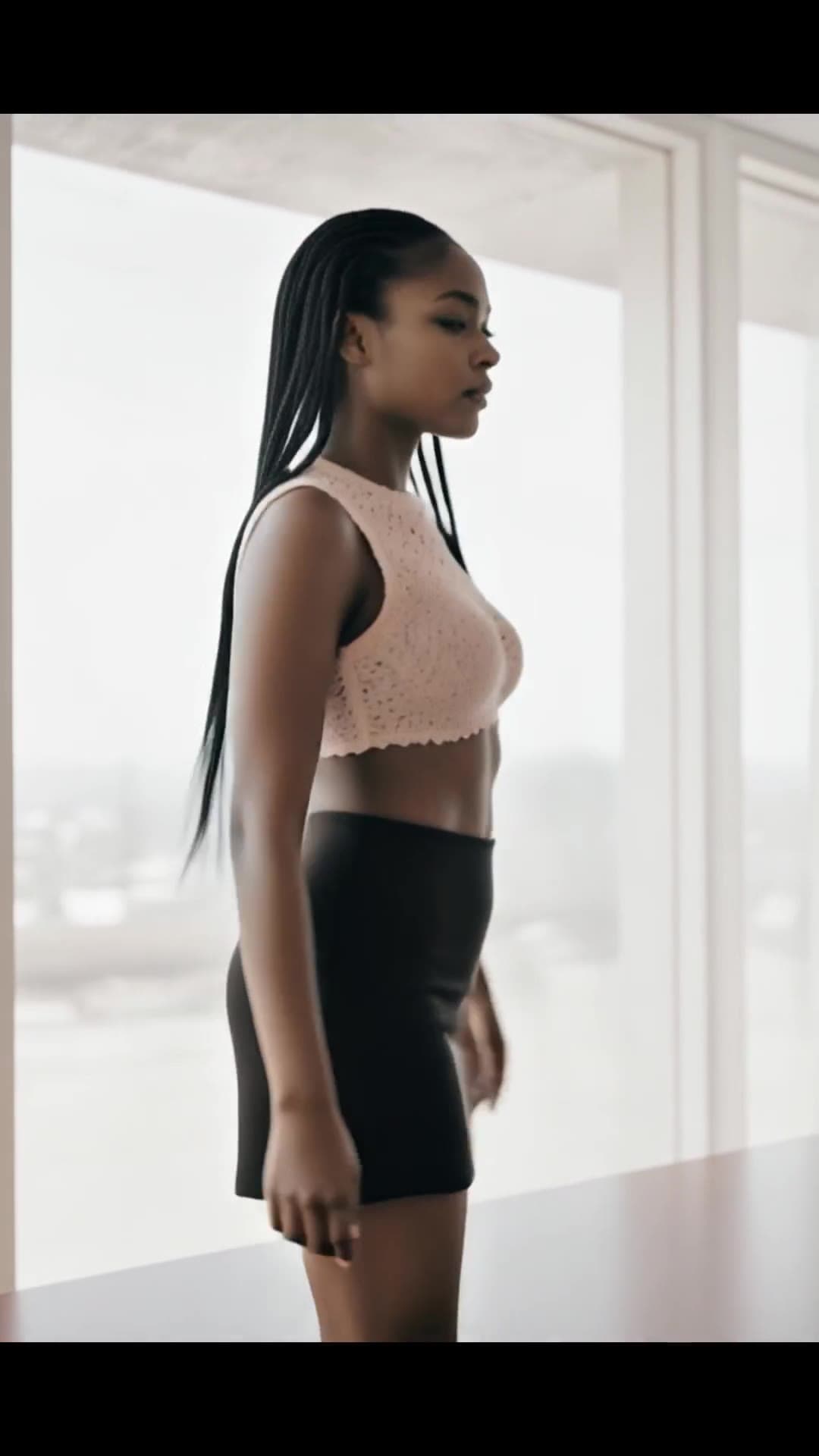 Athletic ebony tits in pink lace crop top