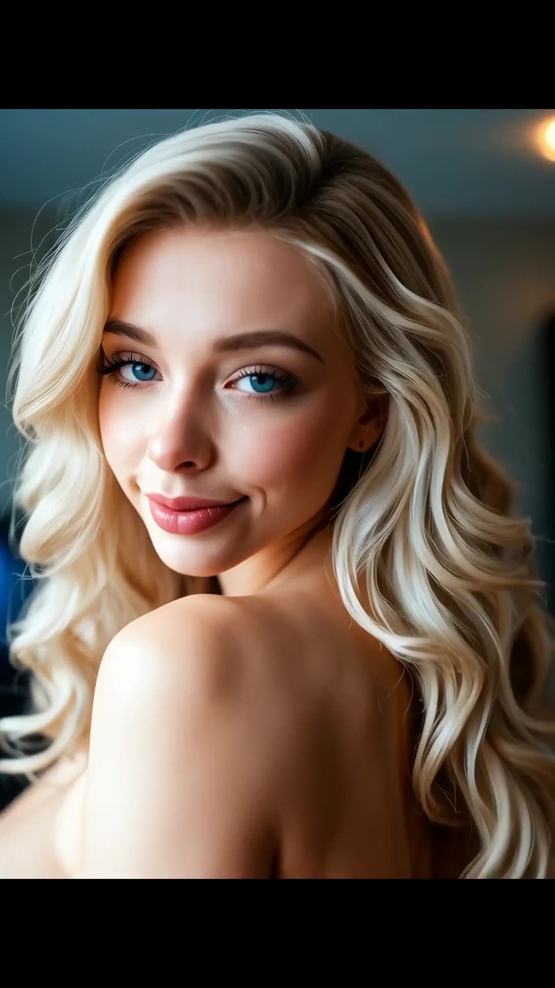 Platinum waves, blue eyes, topless close-up glance