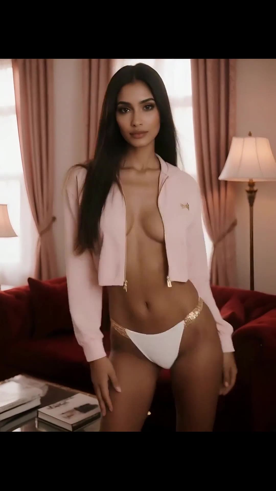 Tall blonde topless in open pink jacket living room