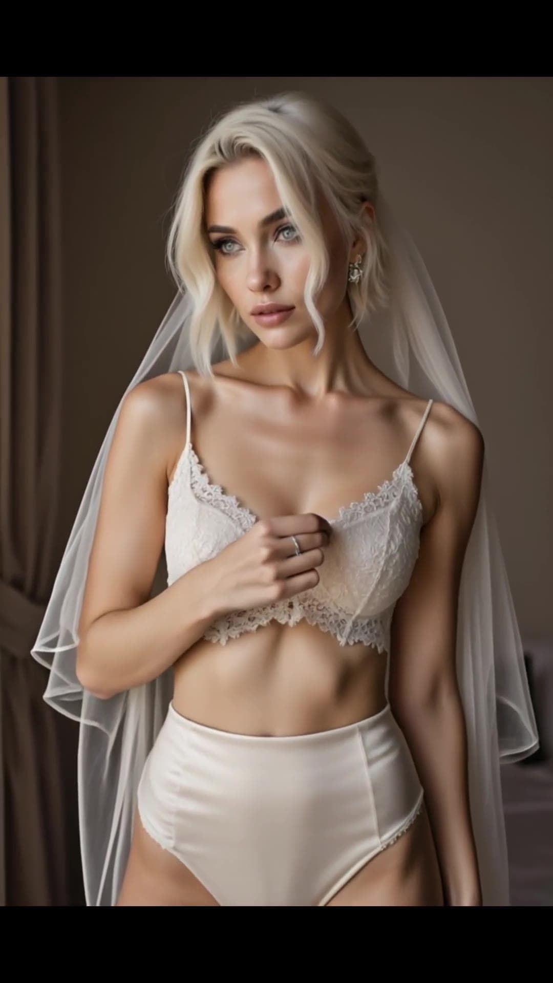 Young adult blonde in sheer veil and lace