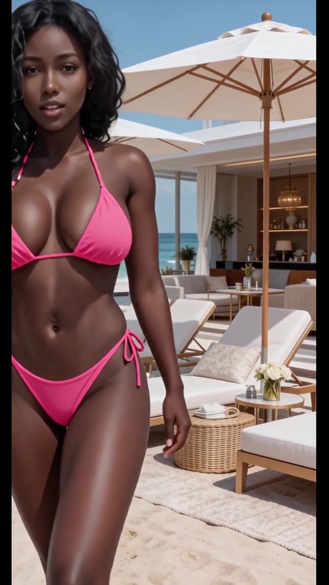 Slim curvy body in pink bikini on sunny beach