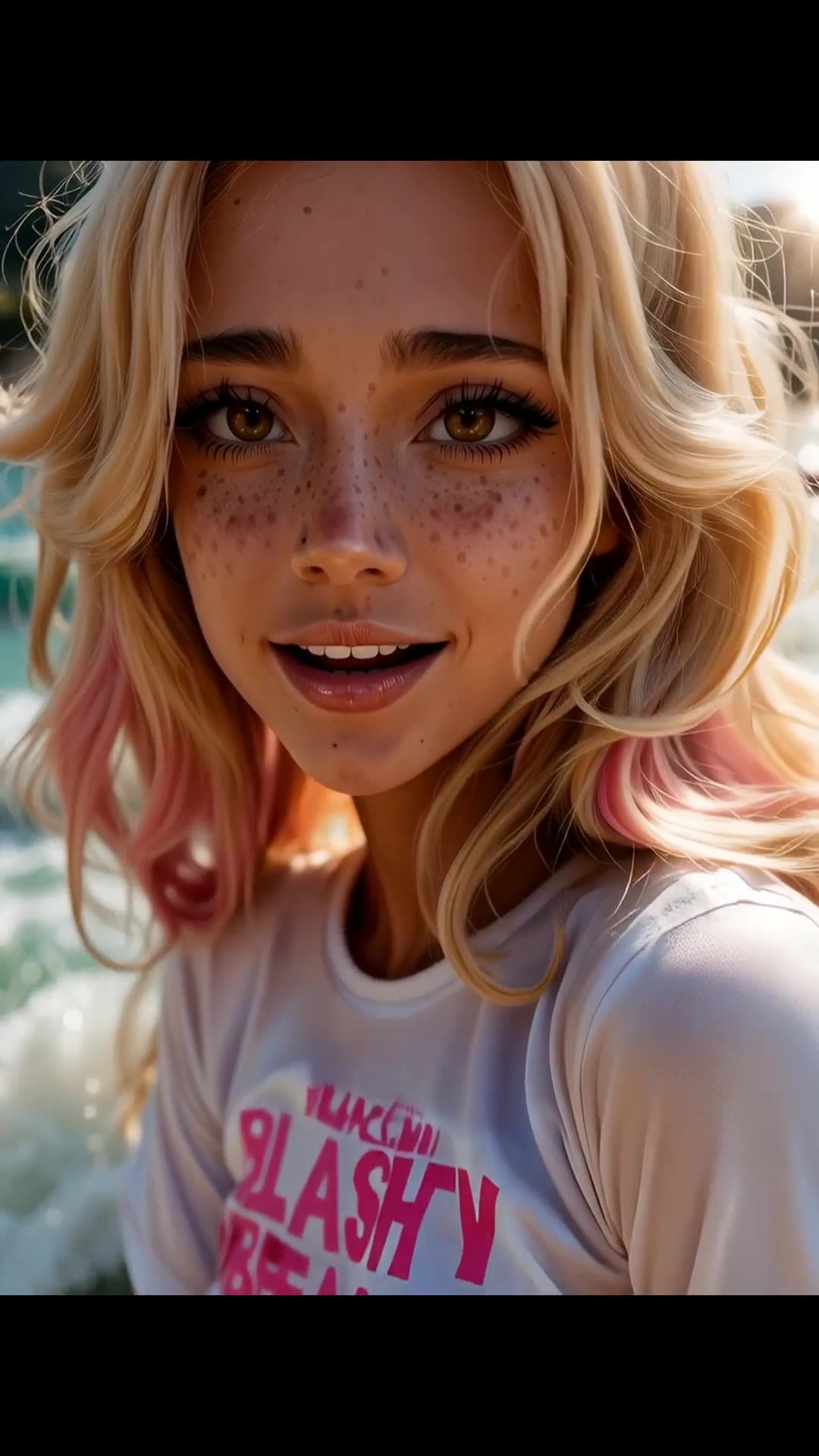 Blonde pink tips freckled face close up