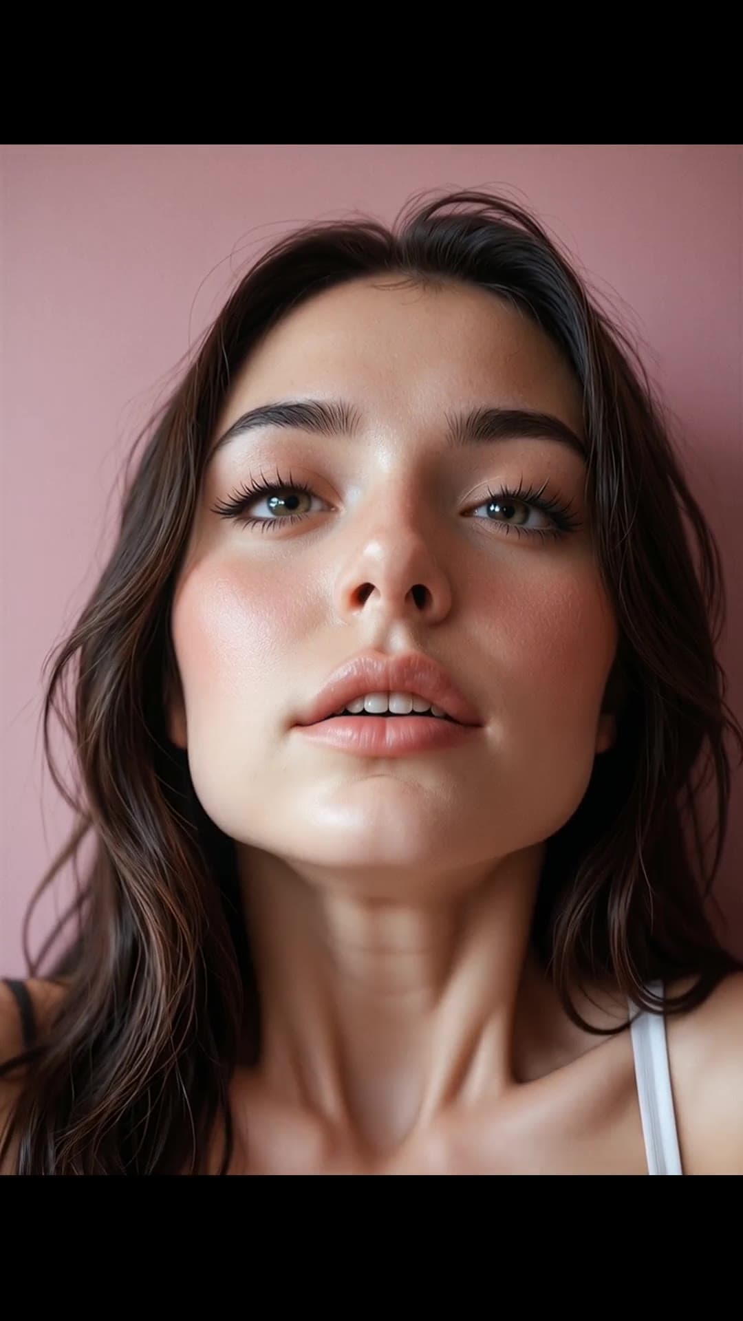 POV close-up with mouth open and white straps