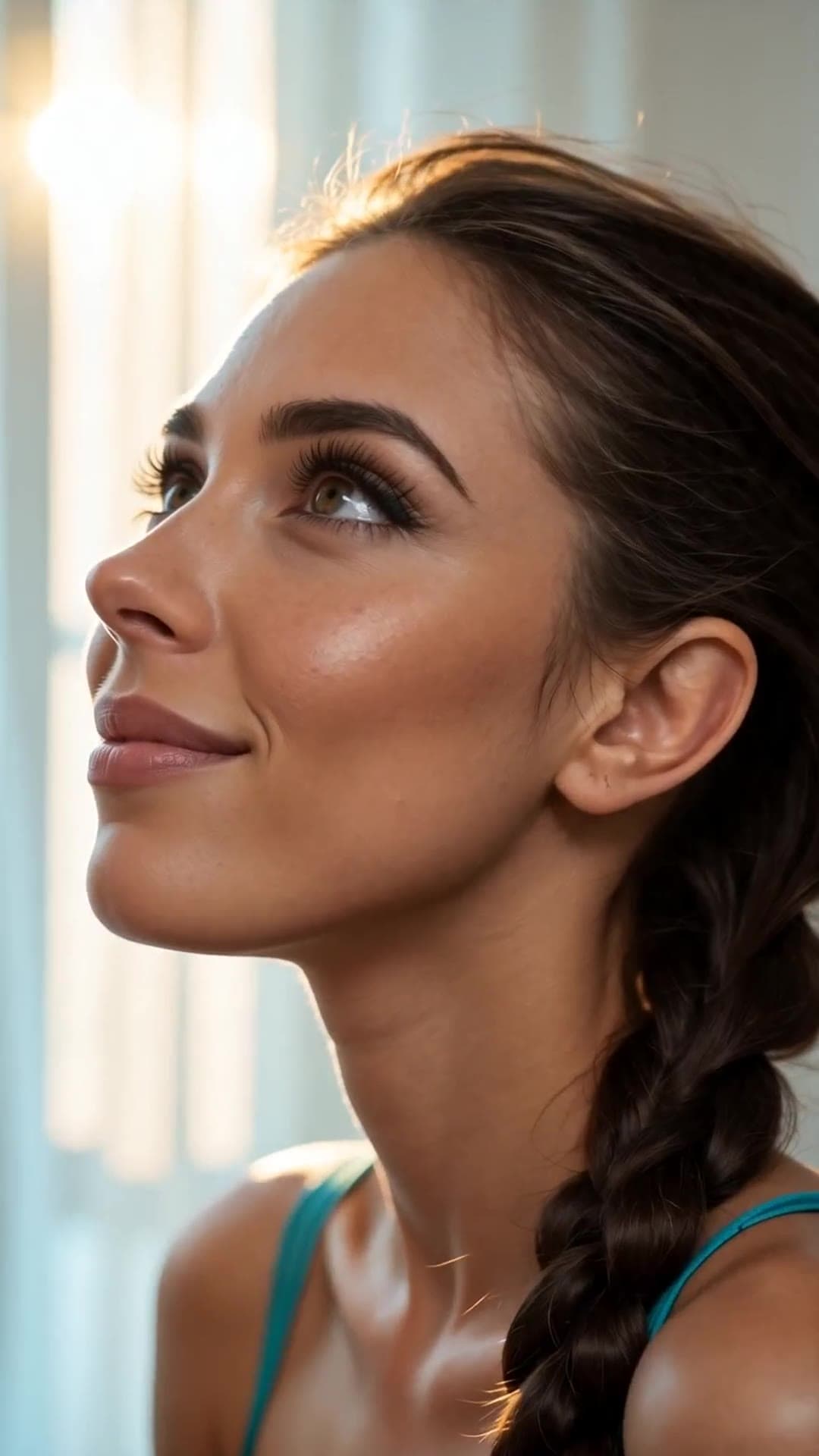 Slim brunette body in teal top close-up profile