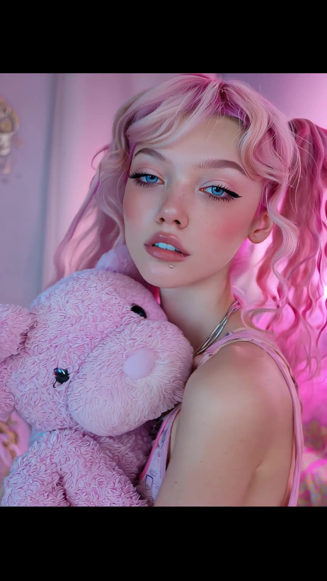 Pink pigtails blue eyes neon bedroom selfie