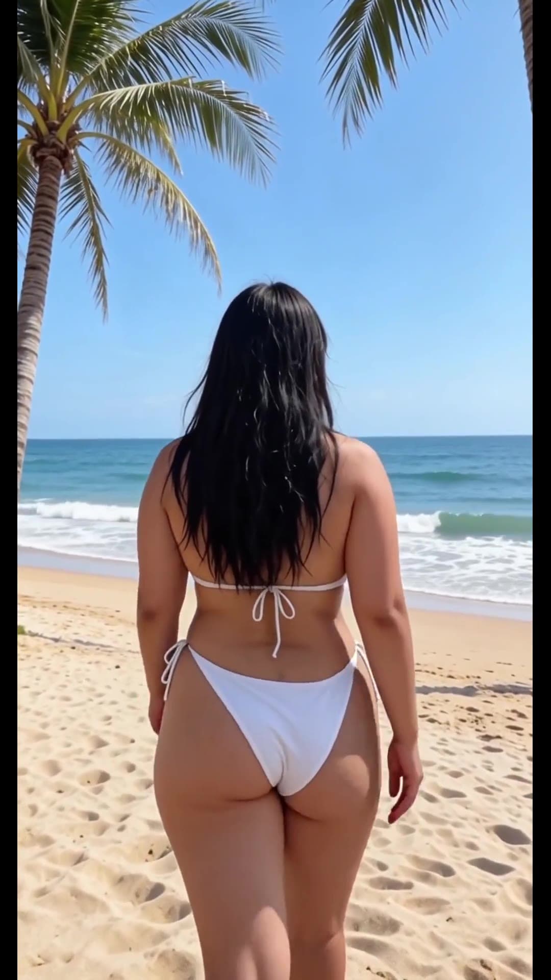 Long black hair in white bikini on sunny beach