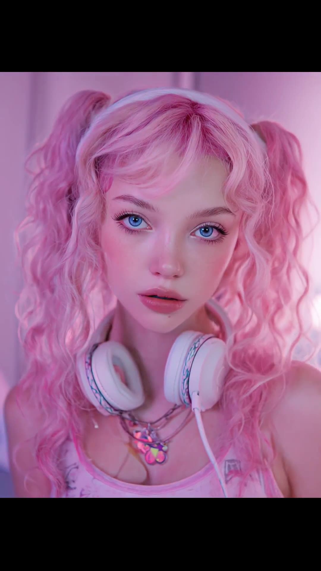 Pink pigtails blue eyes selfie in neon bedroom