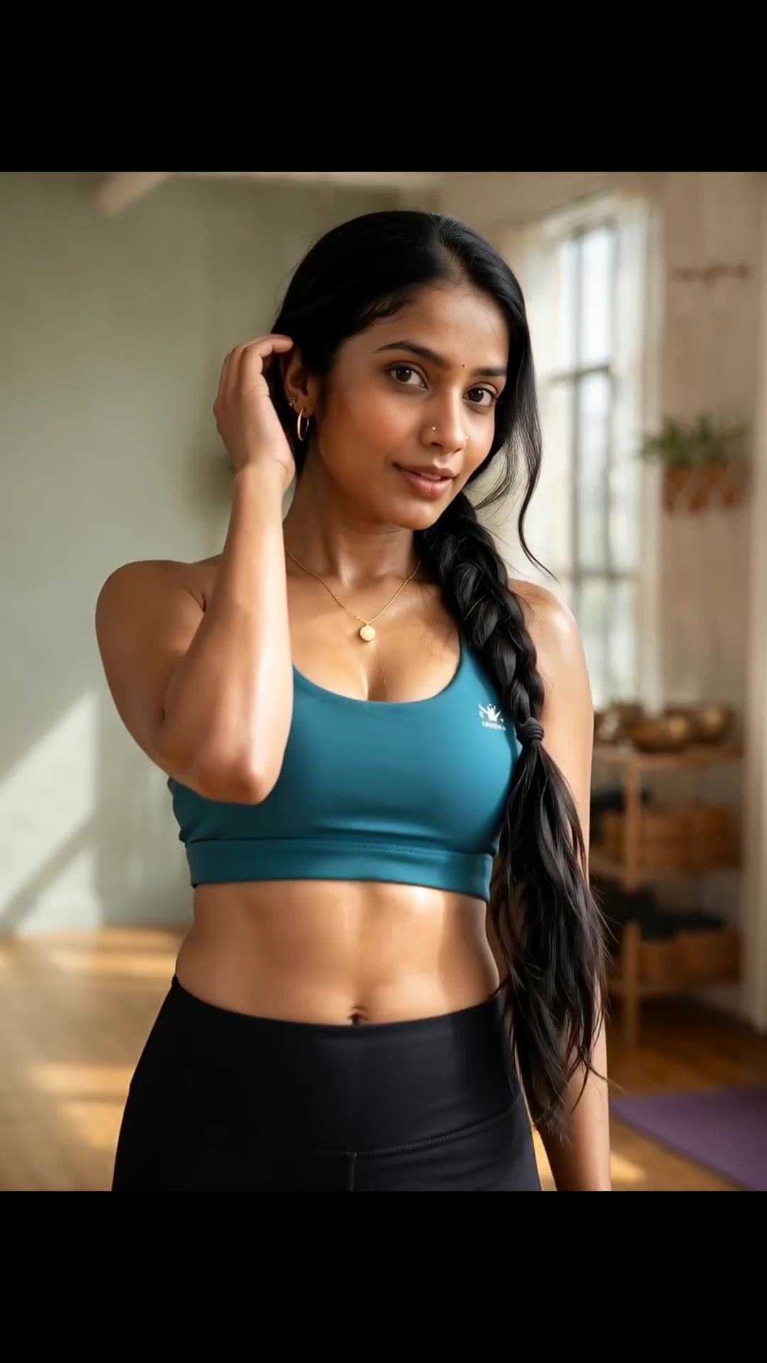 Athletic brunette in teal sports bra yoga studio