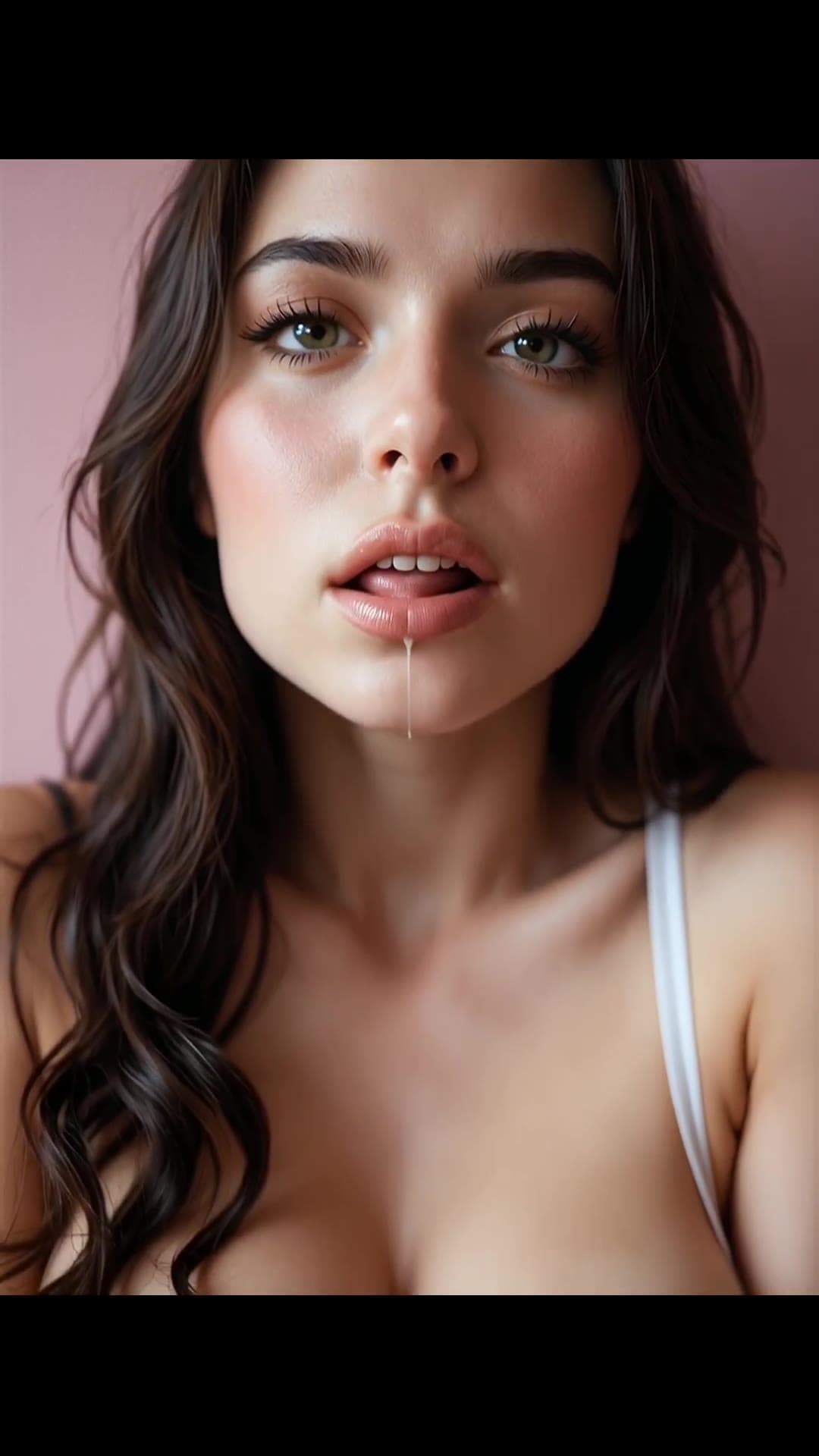 Long wavy dark brown hair green eyes cum on lips close-up