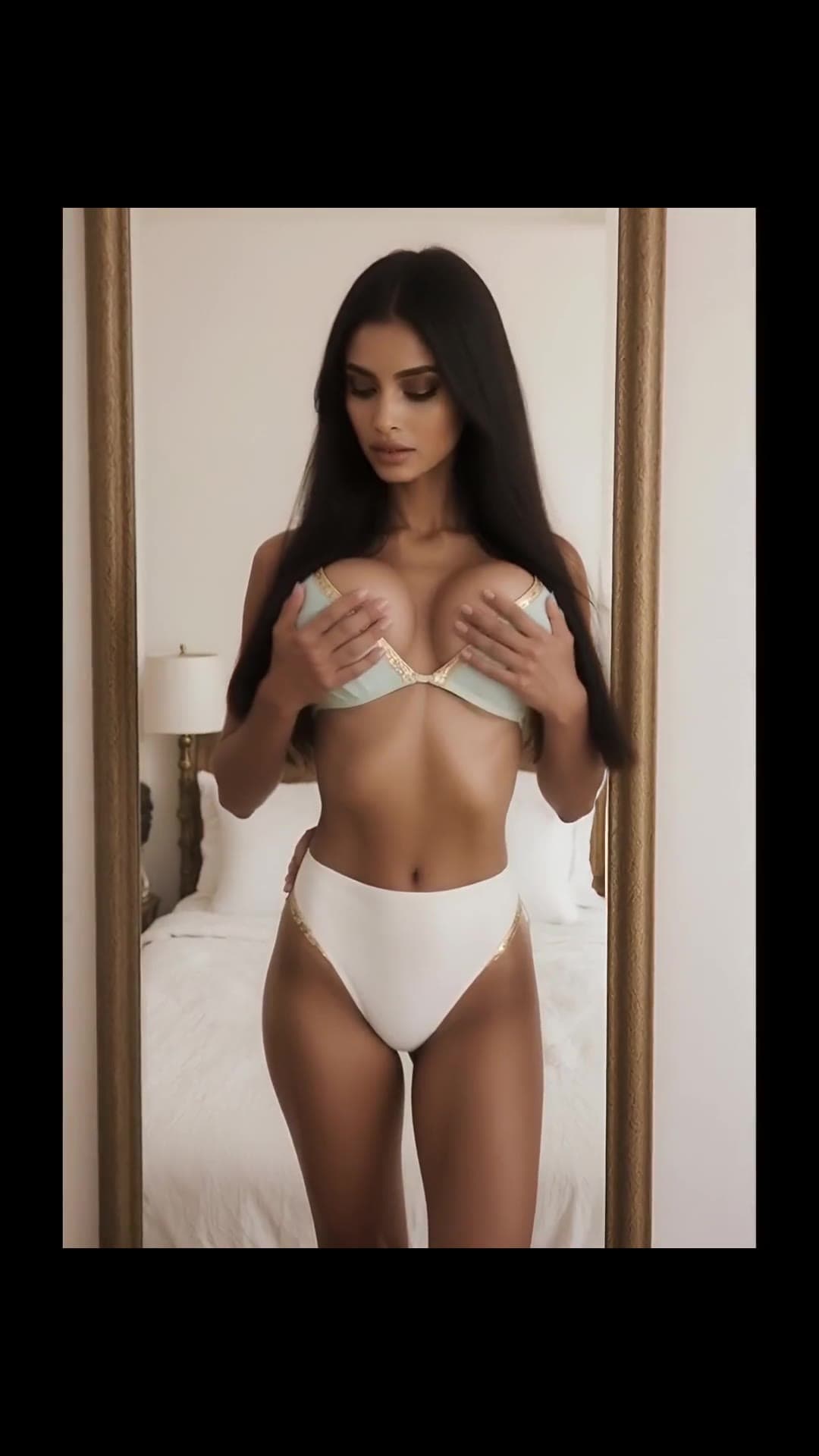 Long black hair brunette cups big natural tits in mirror