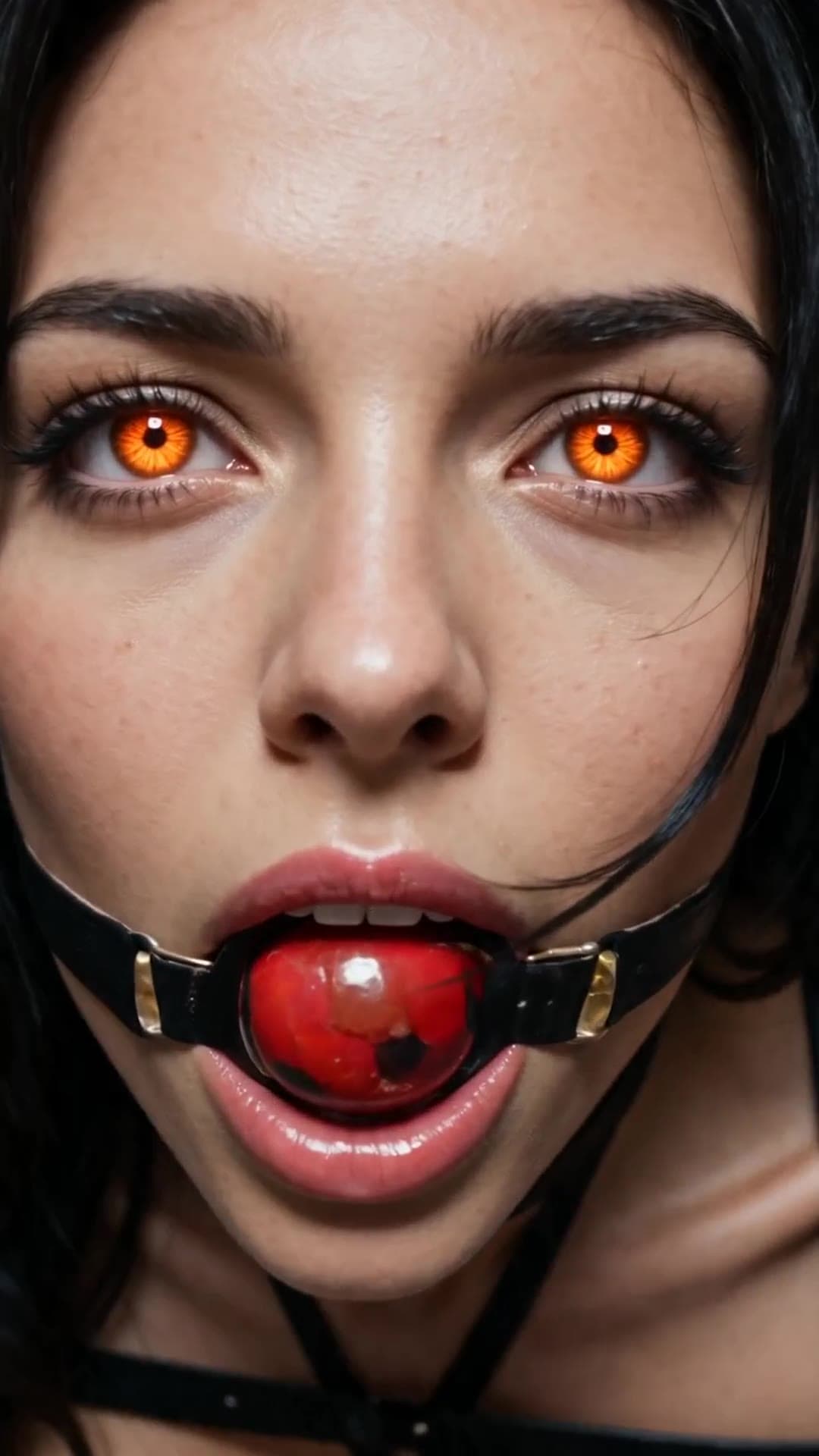 Extreme close-up face with O-ring gag
