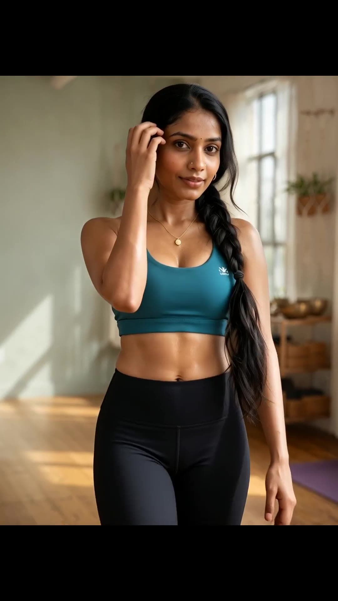 Long black braid athletic babe in teal sports bra yoga studio