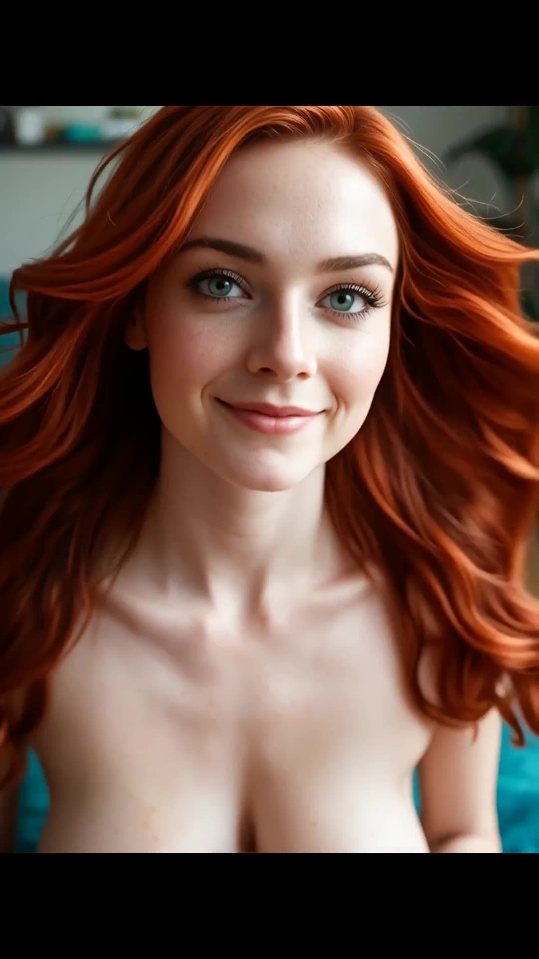 Close-up topless selfie with long red hair