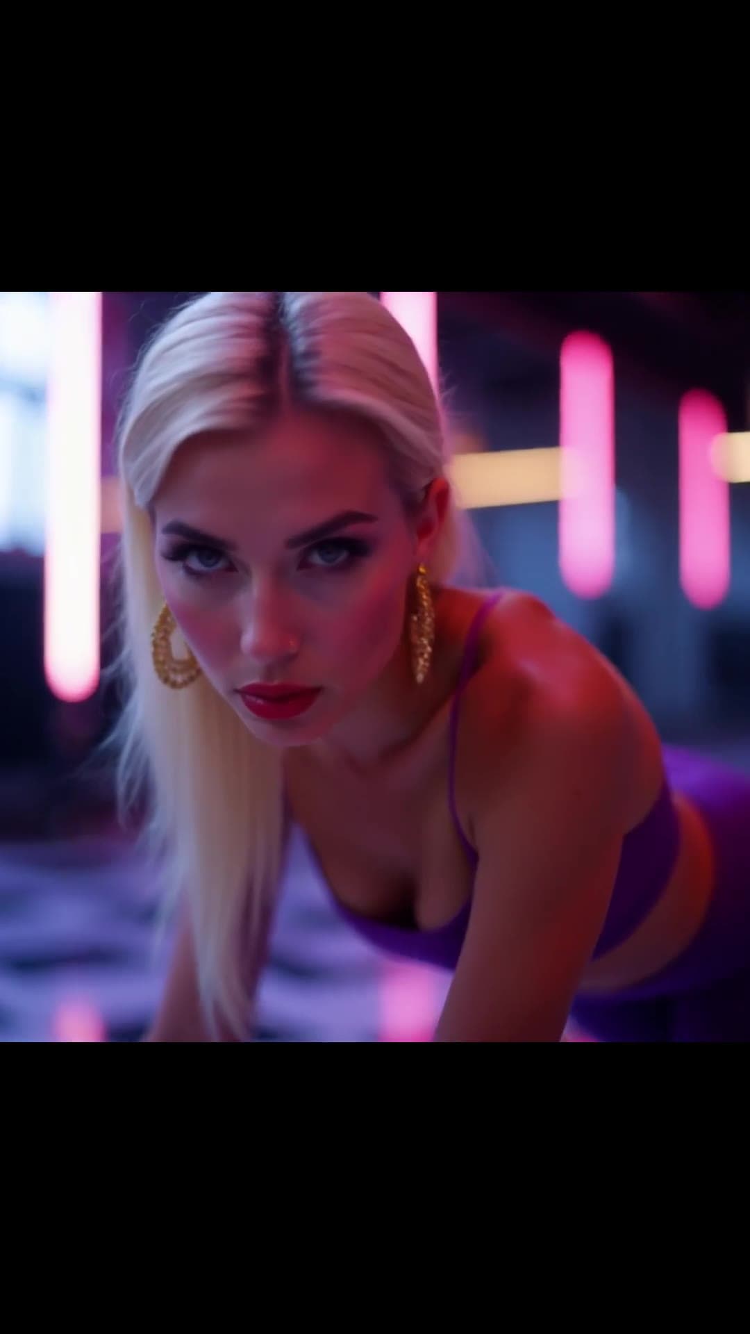 Platinum blonde in purple crop top neon glow