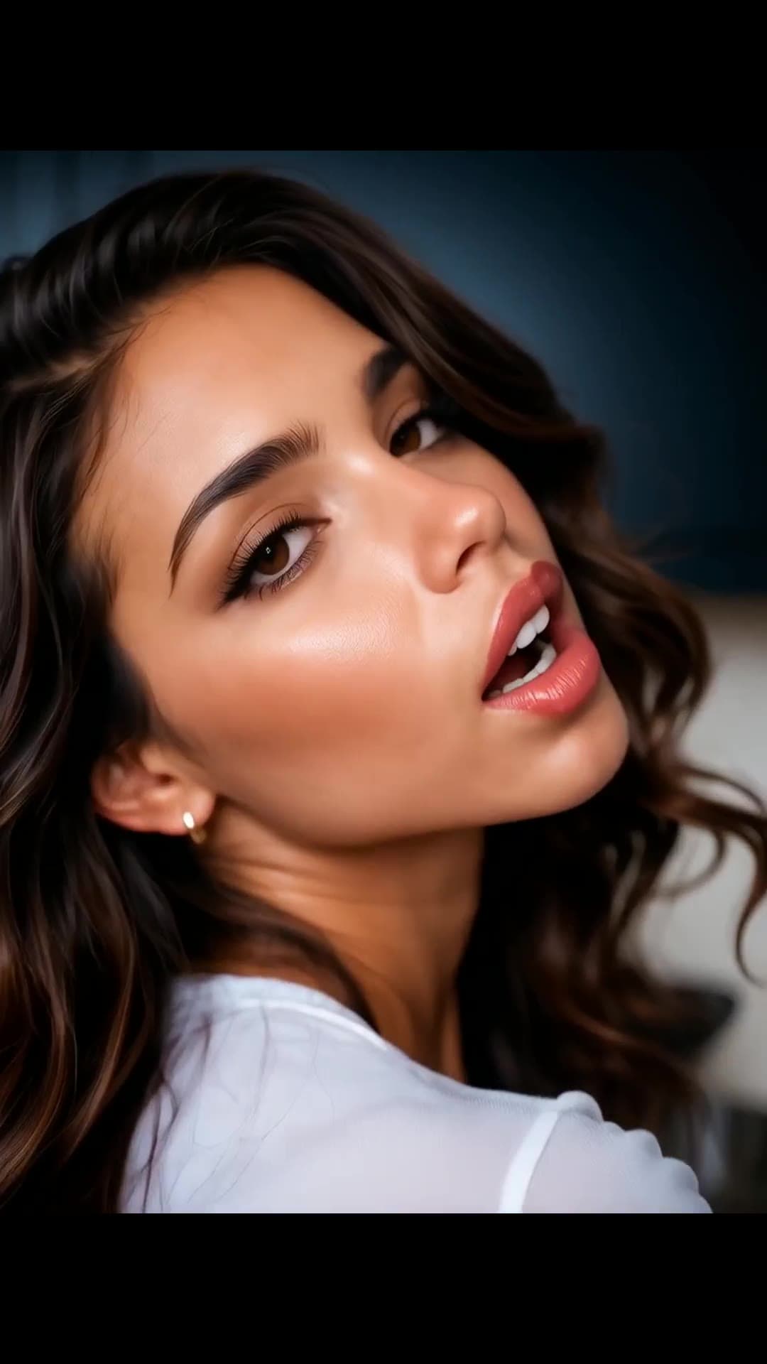 Early 20s brunette hazel eyes glossy lips close up