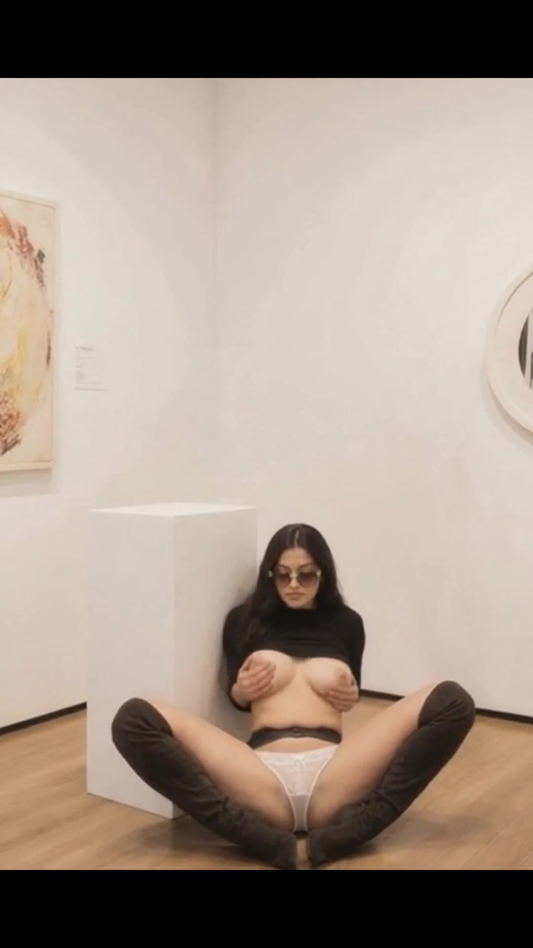Legs spread wide in gallery, tits out on floor