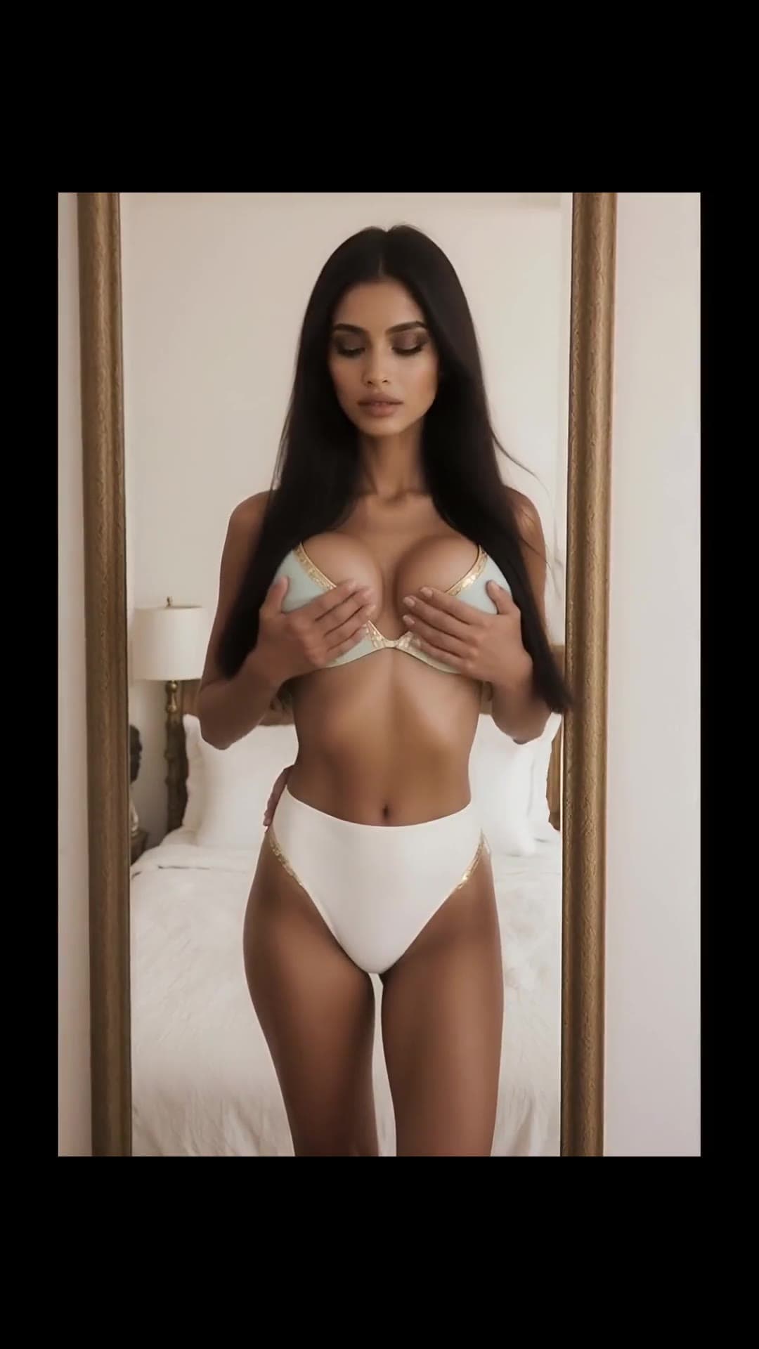 Athletic brunette cups big natural tits in mirror