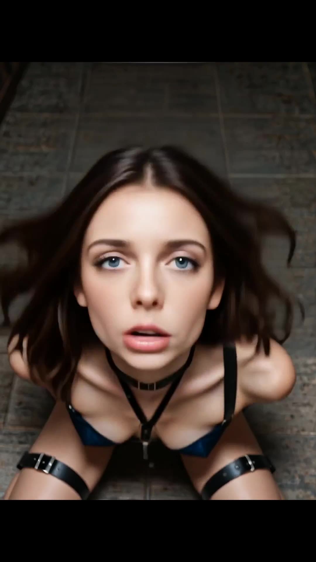 Low angle POV of brunette in blue bra on floor