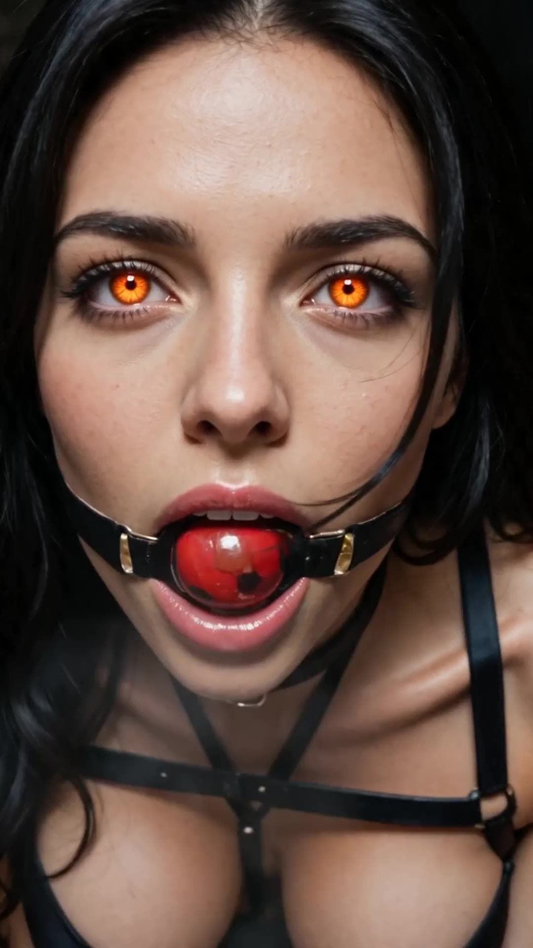 Close up leather harness ball gag face