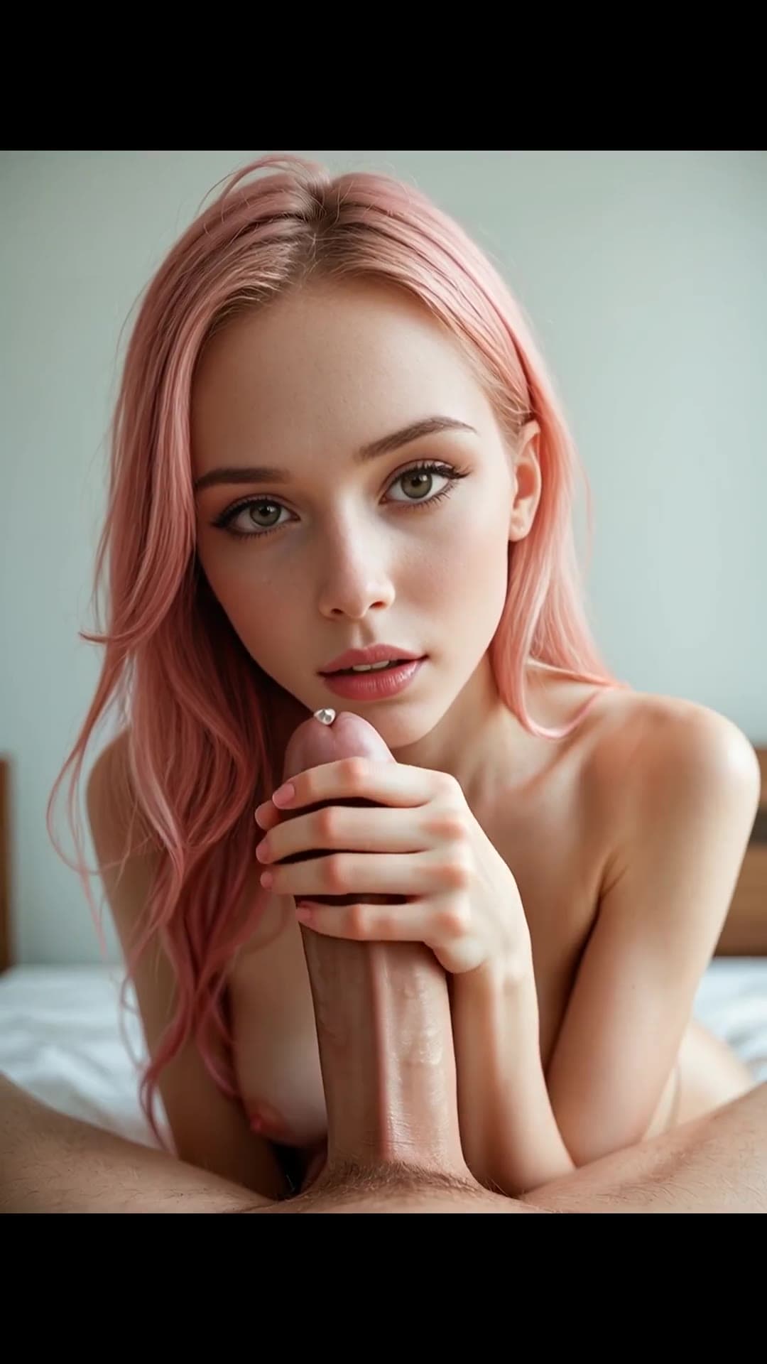 College age blonde giving POV handjob on white sheets