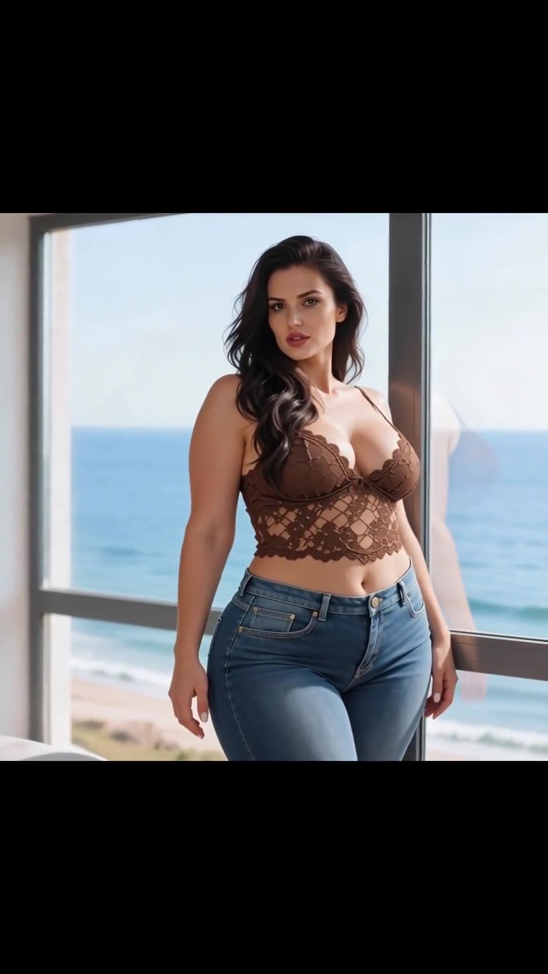 Ocean view window, sheer lace crop top and jeans