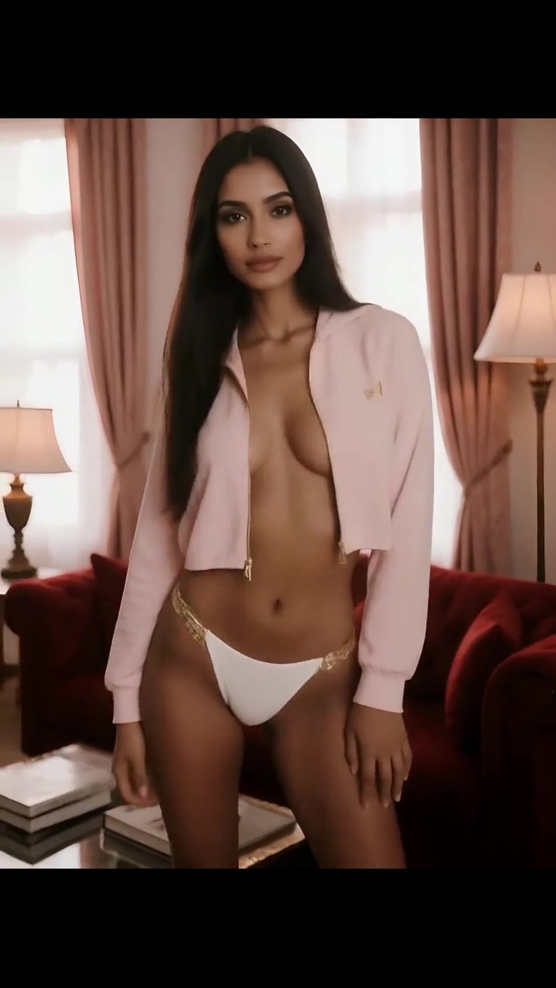 Living room pose in open pink hoodie and thong