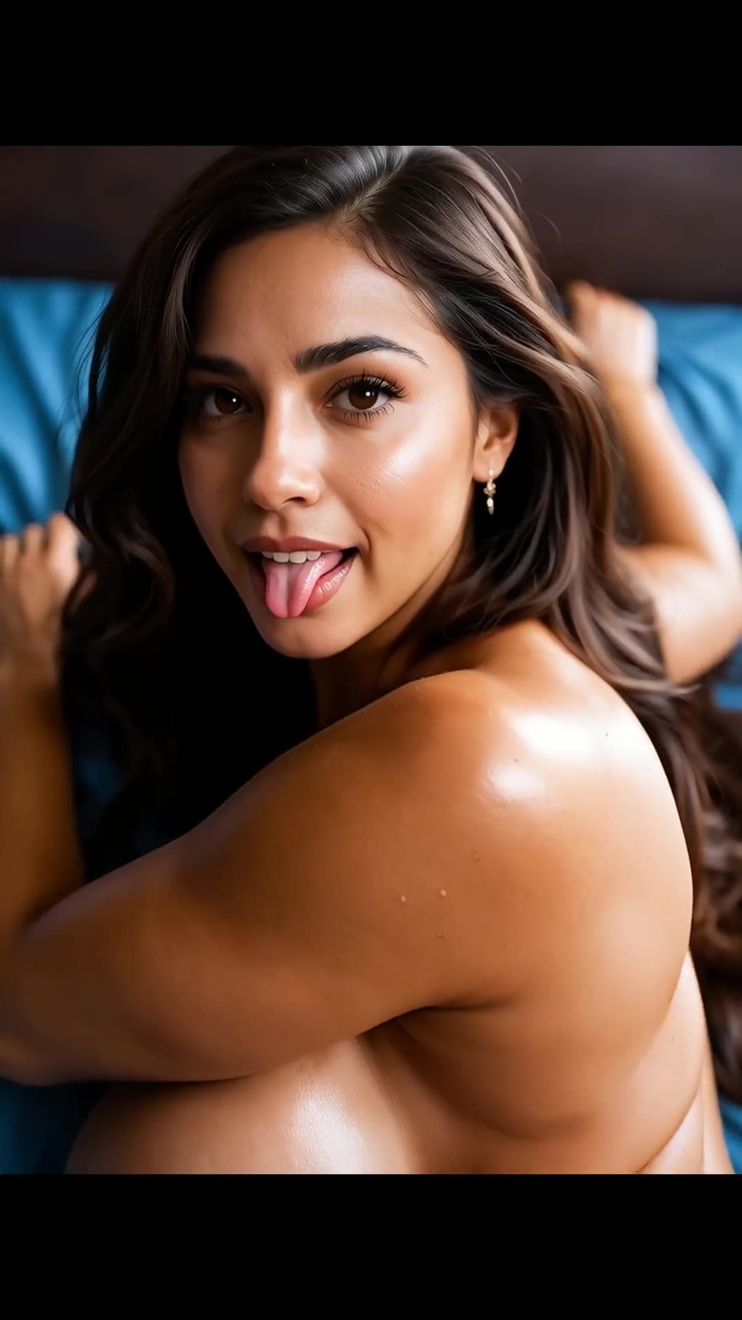 Topless close-up selfie on blue bedding