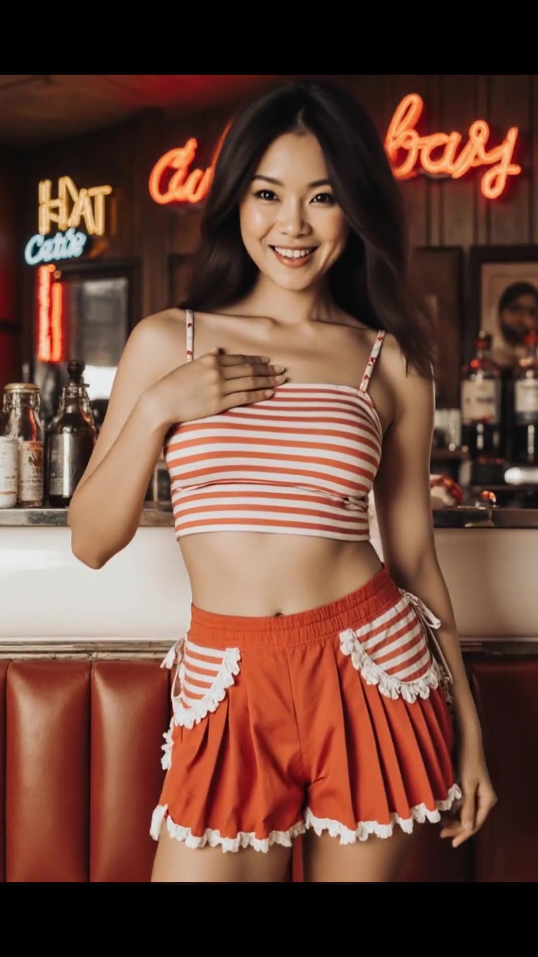 Mid 20s brunette flashes toned abs in retro bar
